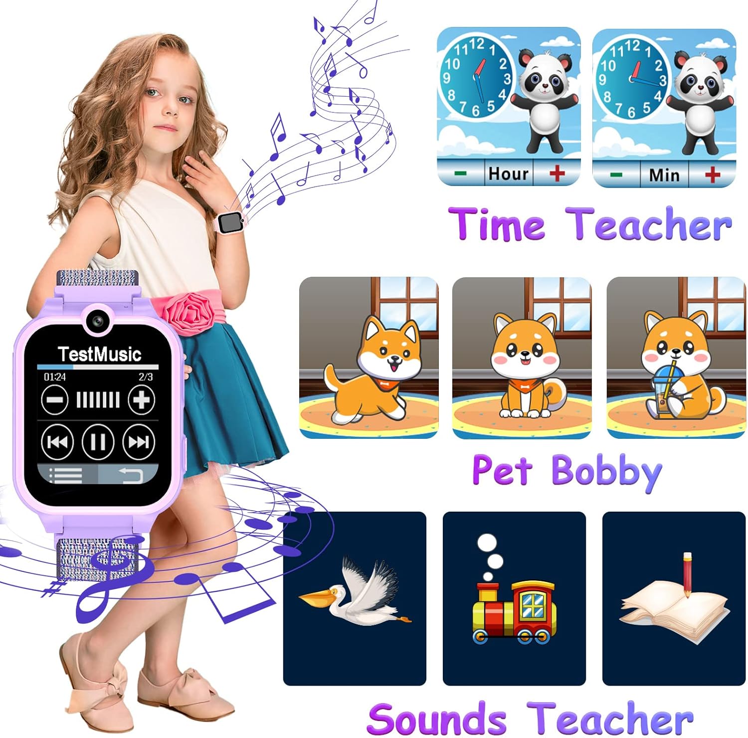 Smartwatch displaying music player, time teacher, and pet bobby features, with a child listening to music.