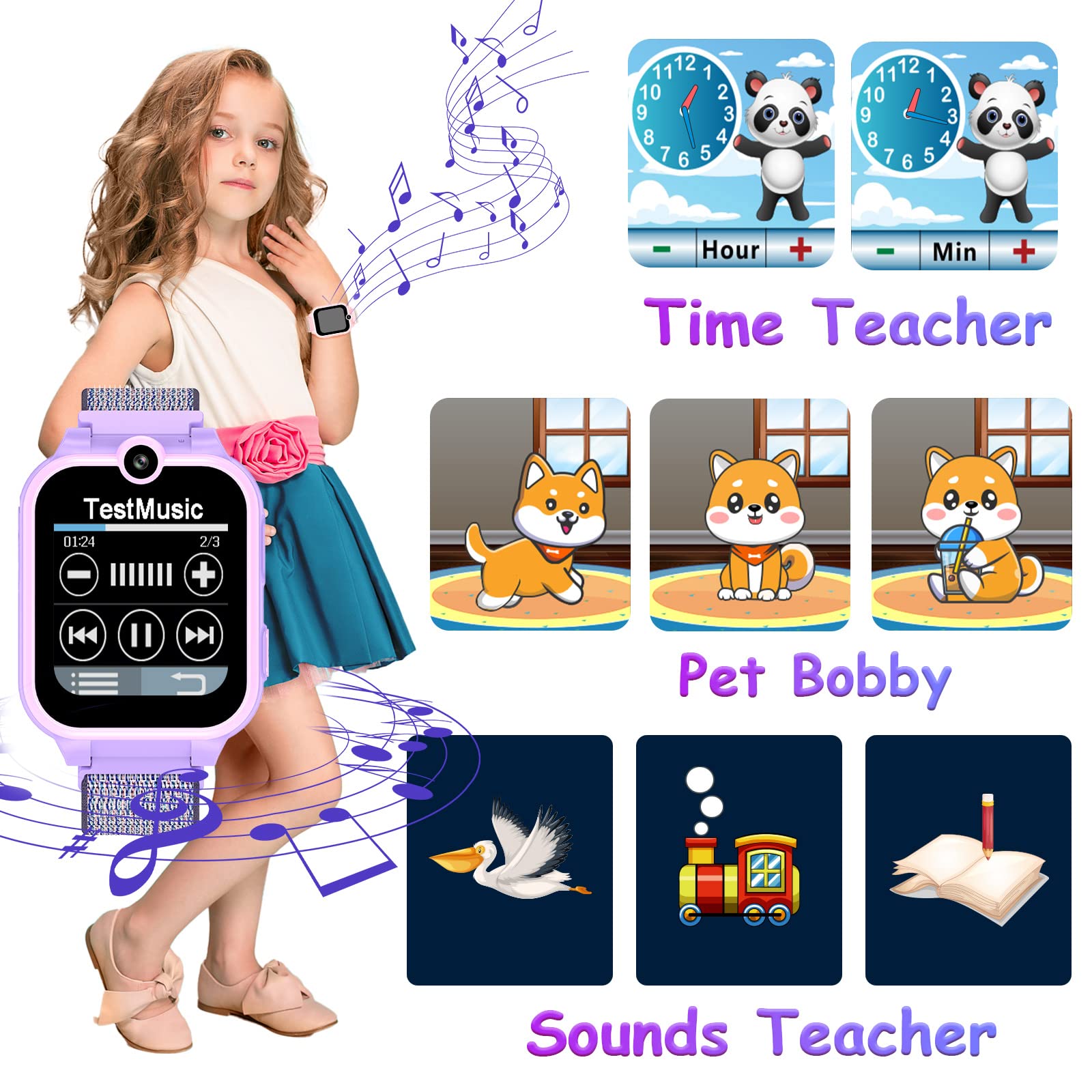 PTHTECHUS Jeux Montre Connectée Enfant - Téléphone Intelligente Appel bidirectionnel Musique mp3 Double caméra podomètre vidéo SOS Livre Audio MP4 Cadeau garçon Fille 4-12 Ans (XA16 GMP Purple-SAI)