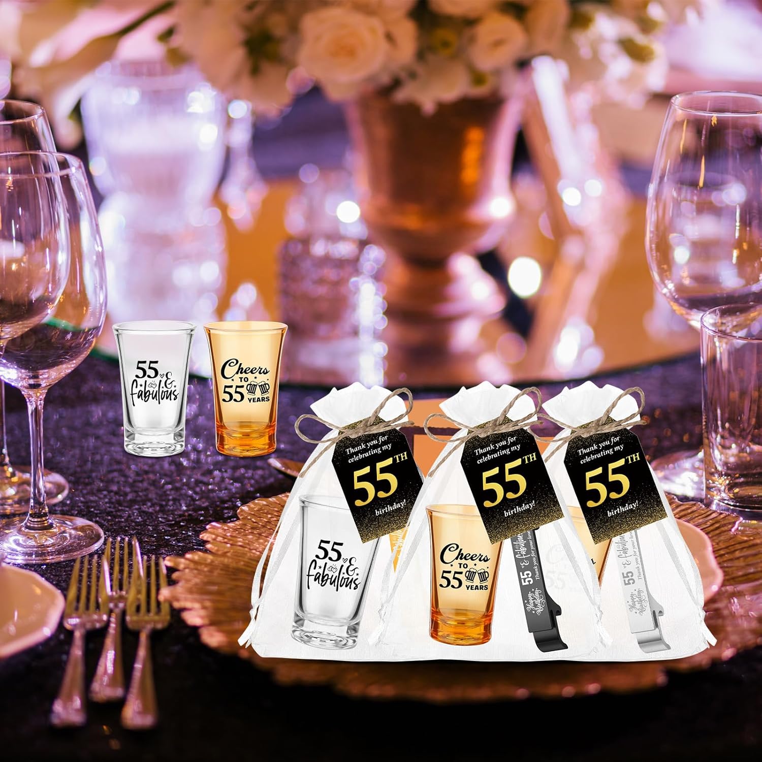 Domensi 30 sets 55th Birthday Party Favors for Guests 2 styles Acrylic Short Glasses 3 colors bottle opener Souvenir Thank You Tags with Organza Bags Twine for birthday Anniversary Wedding Shower