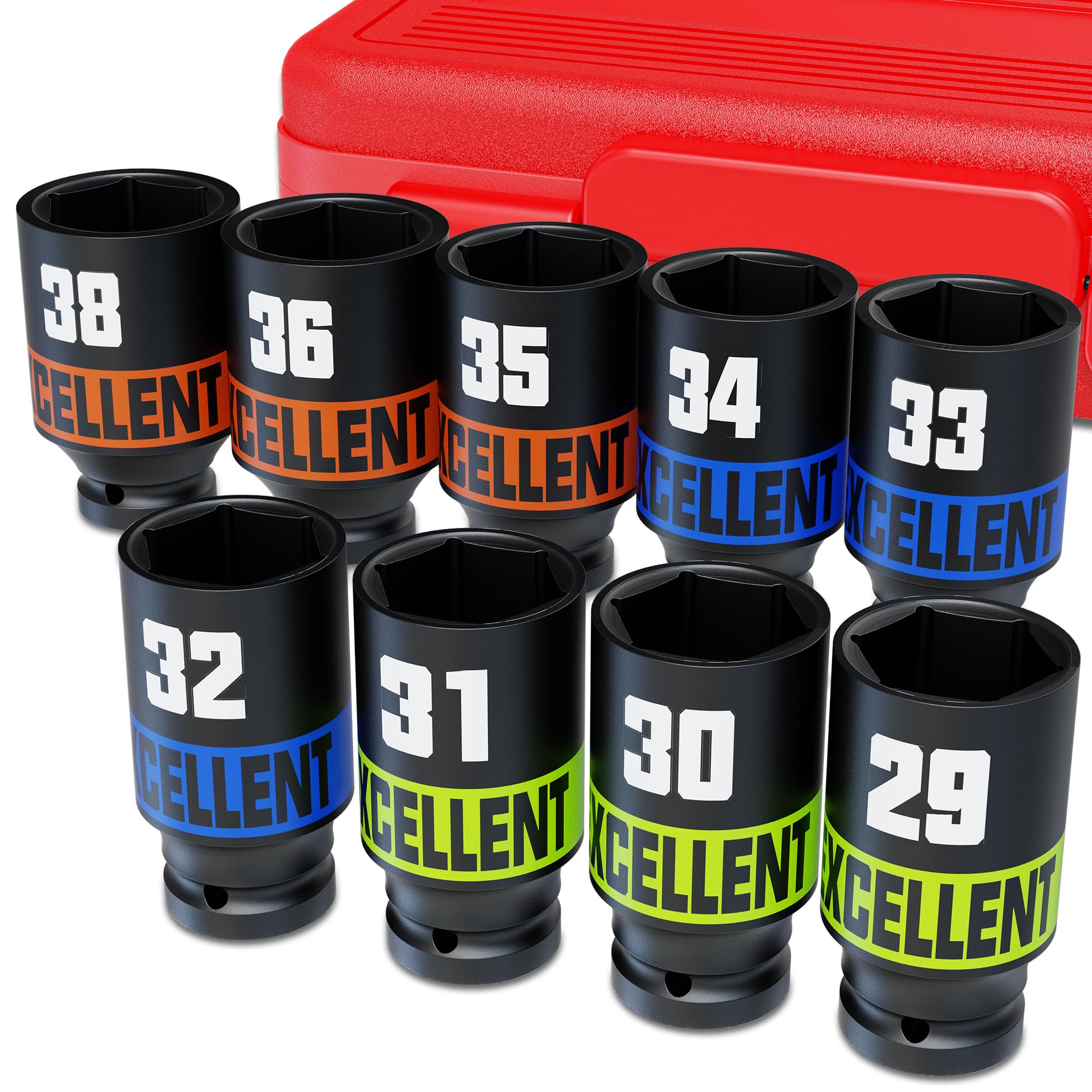 Juego de 9 Llaves de Vaso, 1/2 Pulgada Llaves de Vaso Impacto, 29-38mm Vaso de Impacto, 6 Puntos Dado de Impacto, Automóviles Reparación, Hogar Reparación
