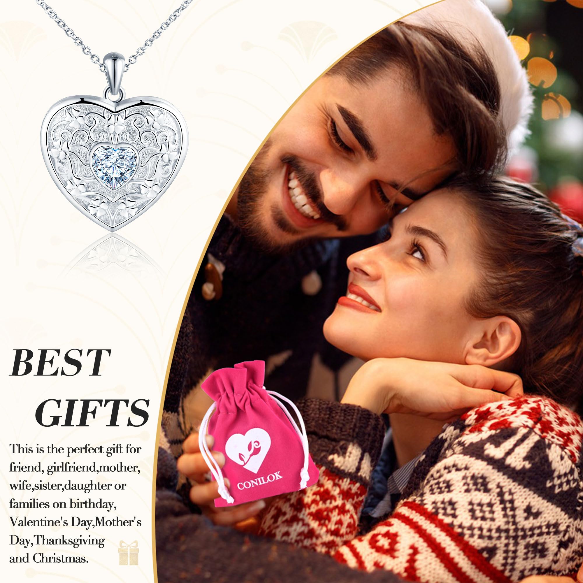 Cuore Foto Collana Donna Argento 925 con Cristallo: Trifoglio Ciondolo Personalizzato con Foto-Portafoto Medaglione Amuleto Collane per Ragazze-Gioielli Amore Regali per Mamma Amici Moglie