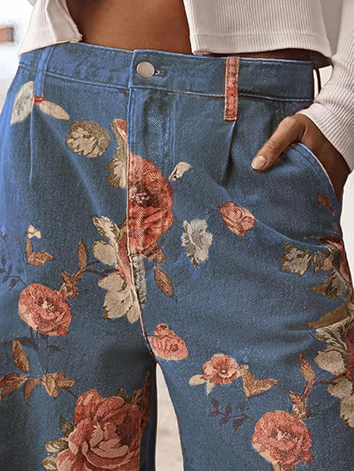 loveimgs Women Mid Rise Cropped Wide Leg Jeans Baggy Floral Ankle Pants Denim Capris Flare Print Boho Palazzo Jeans Boyfriend - Image 4