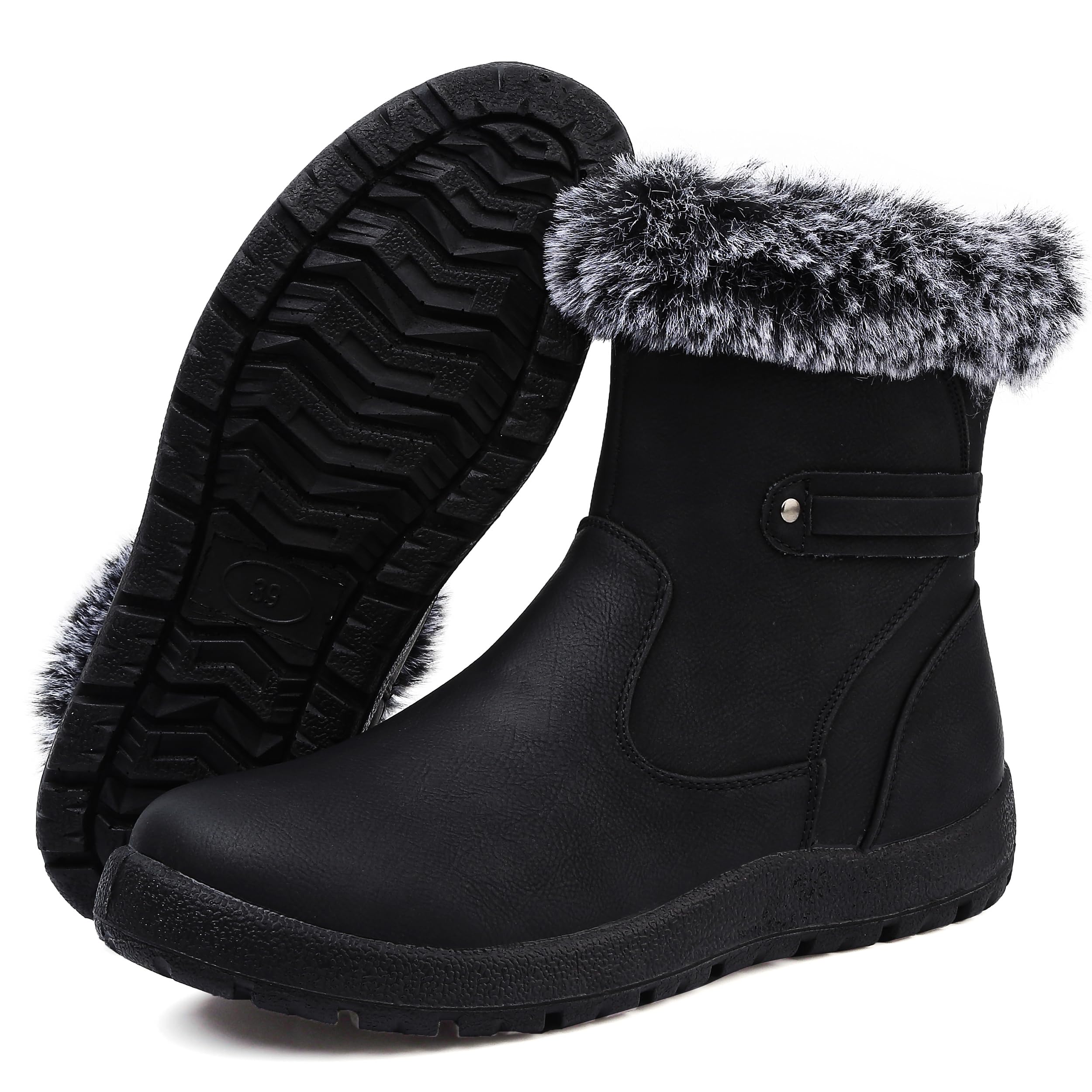 Winter Boots for Women Leather Snow Boot Warm Fur Lining Anti-Slip Waterproof Walking Booties