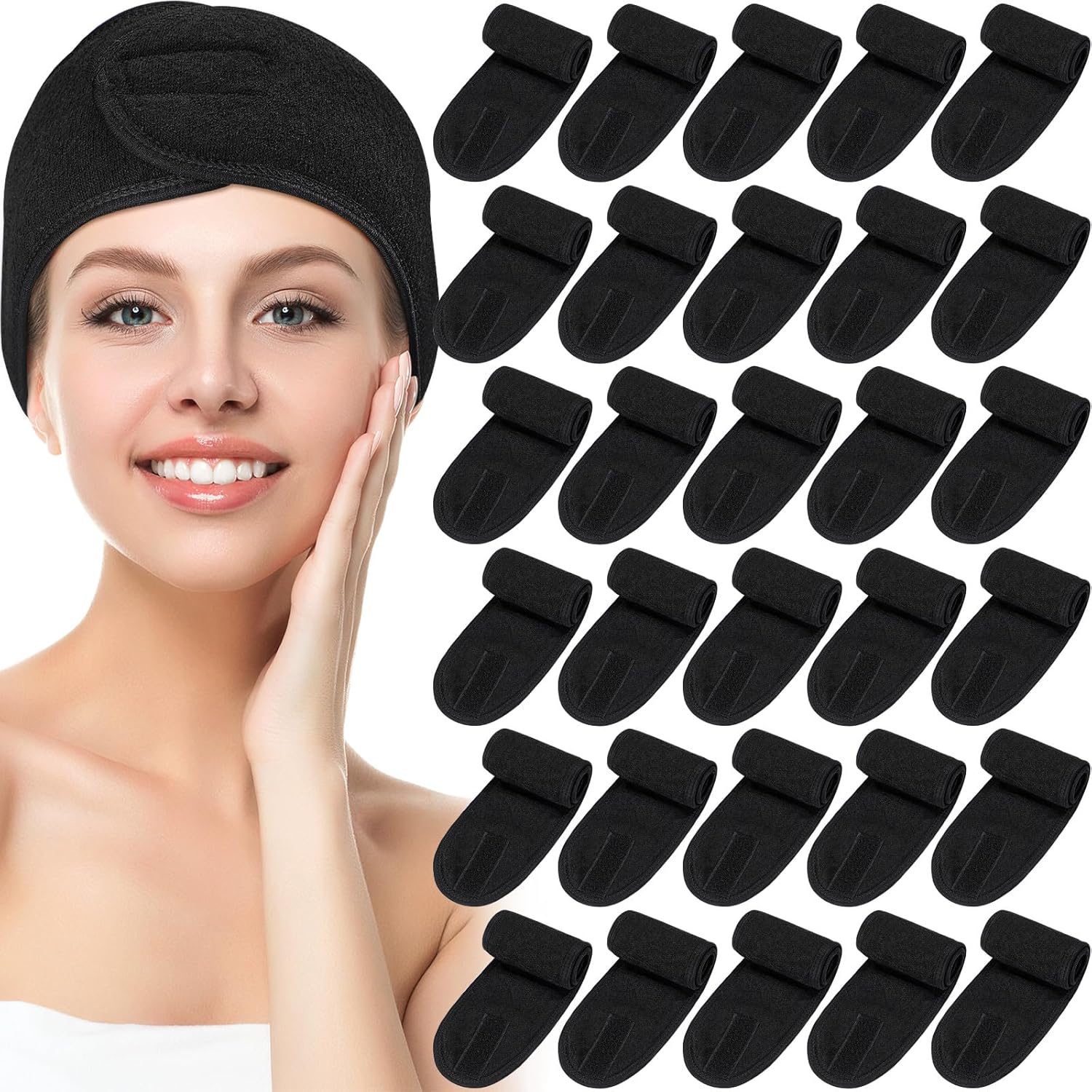 Hoteam 30 Pack Spa Headband Facial Esthetician Hair Wrap for Women Adjustable Makeup Sports Shower Stretch Towel with Tape(Black)
