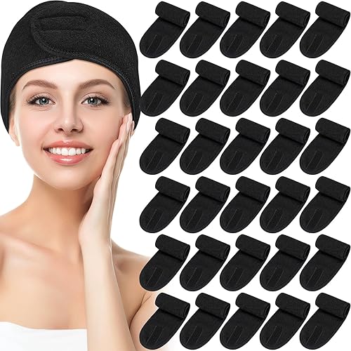 Hoteam Paquete de 30 diademas de spa, esteticista facial para mujeres, ajustable, maquillaje, deportes, ducha, toalla elástica con cinta (negro)