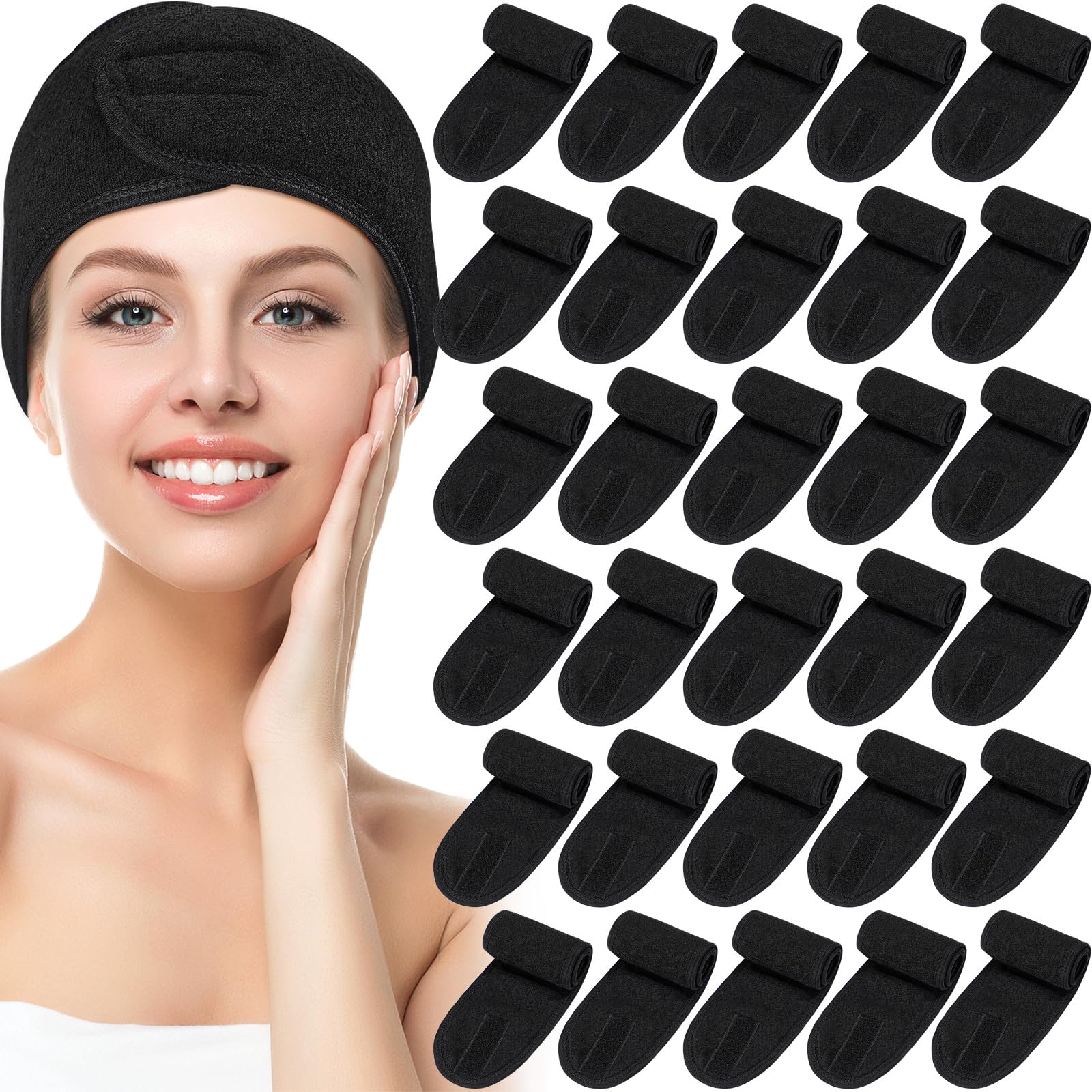 Hoteam 30 Pack Spa Headband Facial Esthetician Hair Wrap for Women Adjustable Makeup Sports Shower Stretch Towel with Tape(Black)