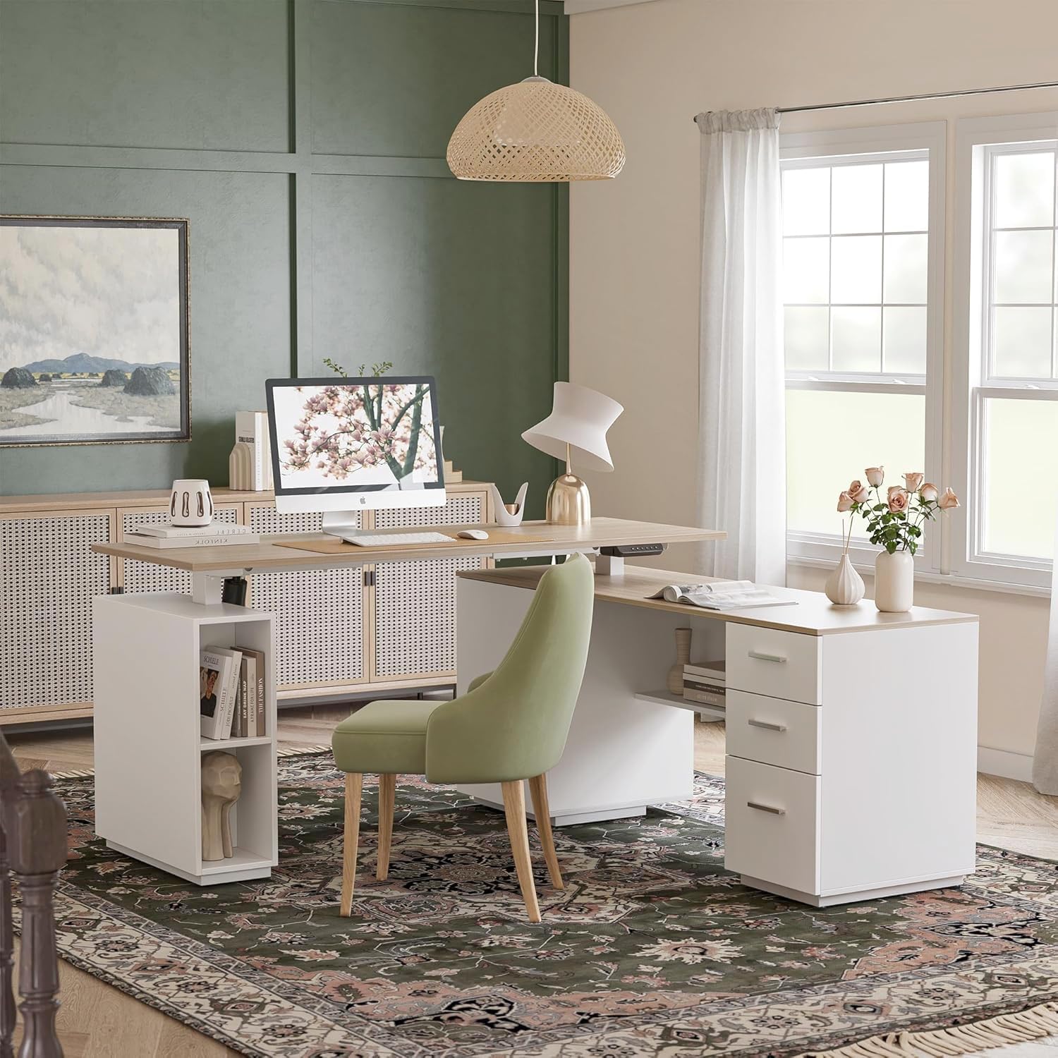 FEZIBO Executive Standing Desk L Shaped Standing Desk with Storage Executive Desk Height Adjustable Light Wood Grainy