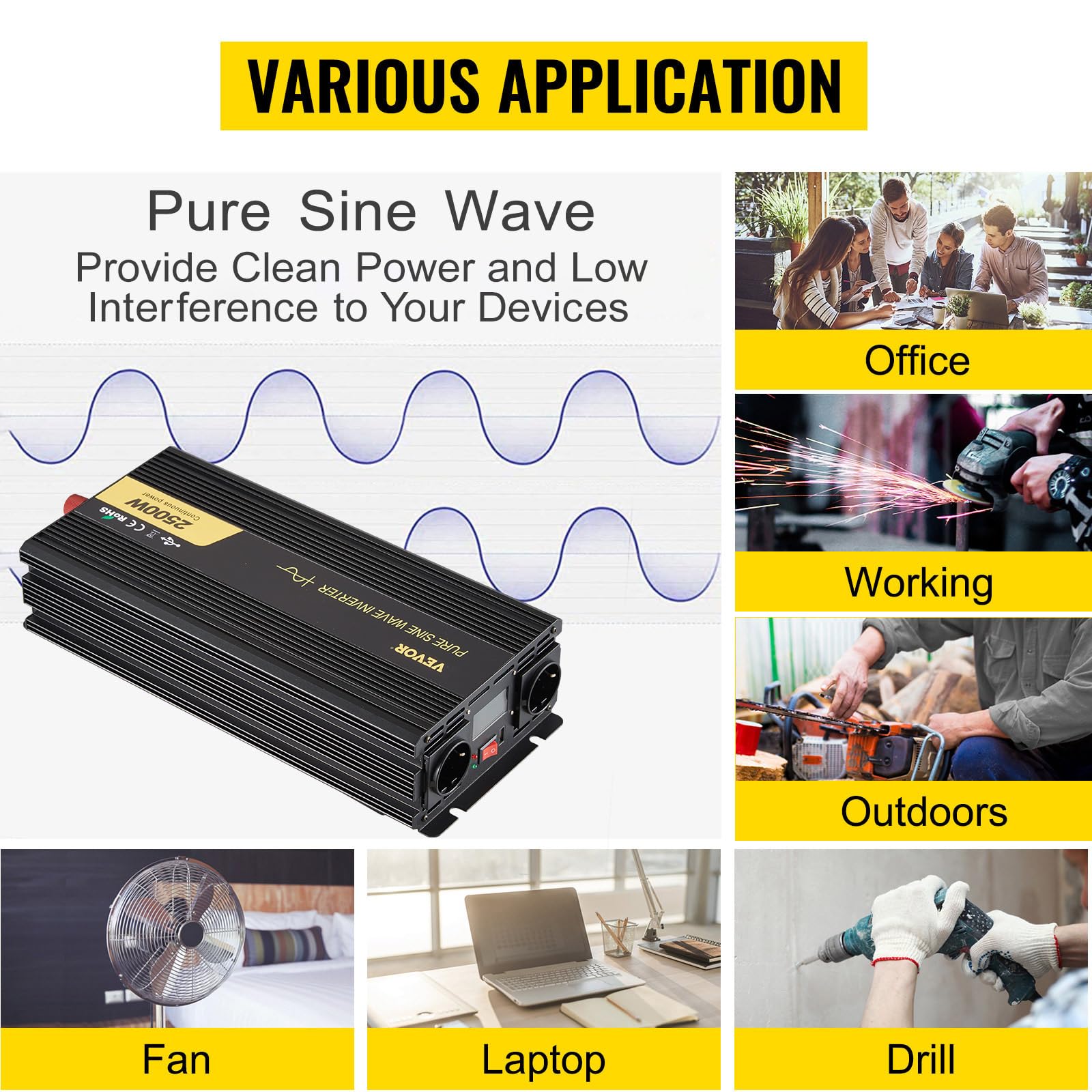 VEVOR 230V Spannungswandler Wechselrichter, 2500W Reiner Sinuswellen Wechselrichter, GYS-2500W 12V DC Pure Sine Wave Power, Reiner Sinus-Wechselrichter Fernbedienung mit Kabel LCD Bildschirm