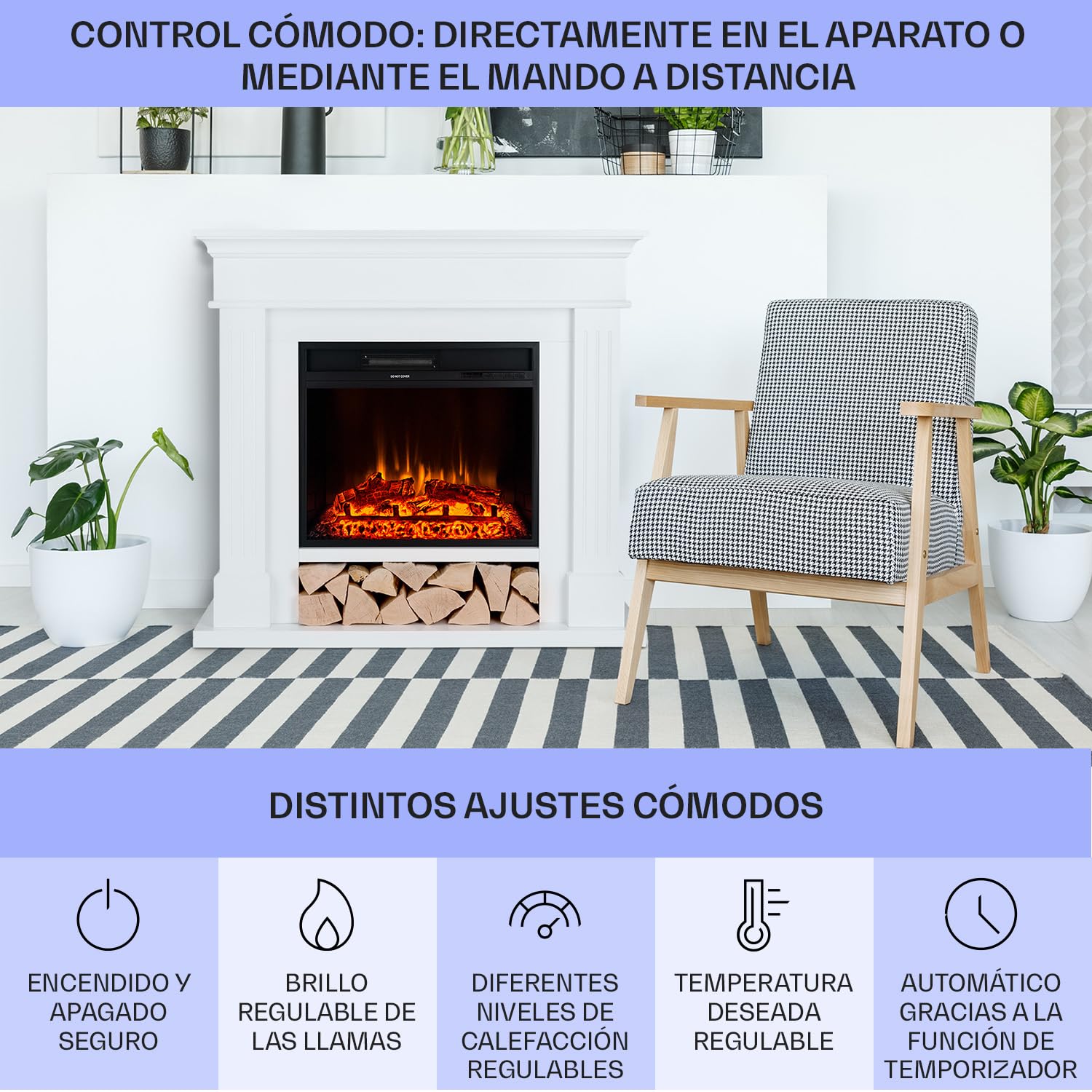 Klarstein Chimenea Electrica Pared, Llama LED con una Potencia de 1800W y Mando, Temporizador y Control Automático de Temperatura, Chimenea Interior Casa con Efecto Troncos, Estufas Interior