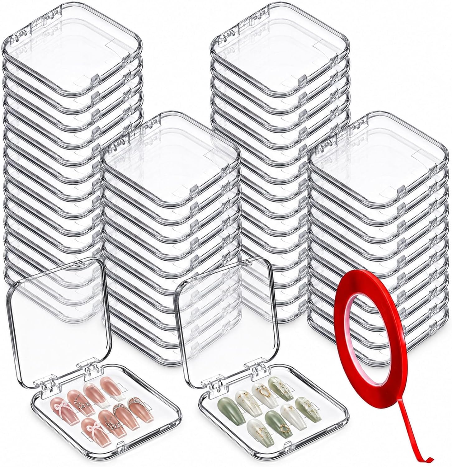 50 Pcs Clear Press on Nail Packaging Boxes Case with 10M Tape