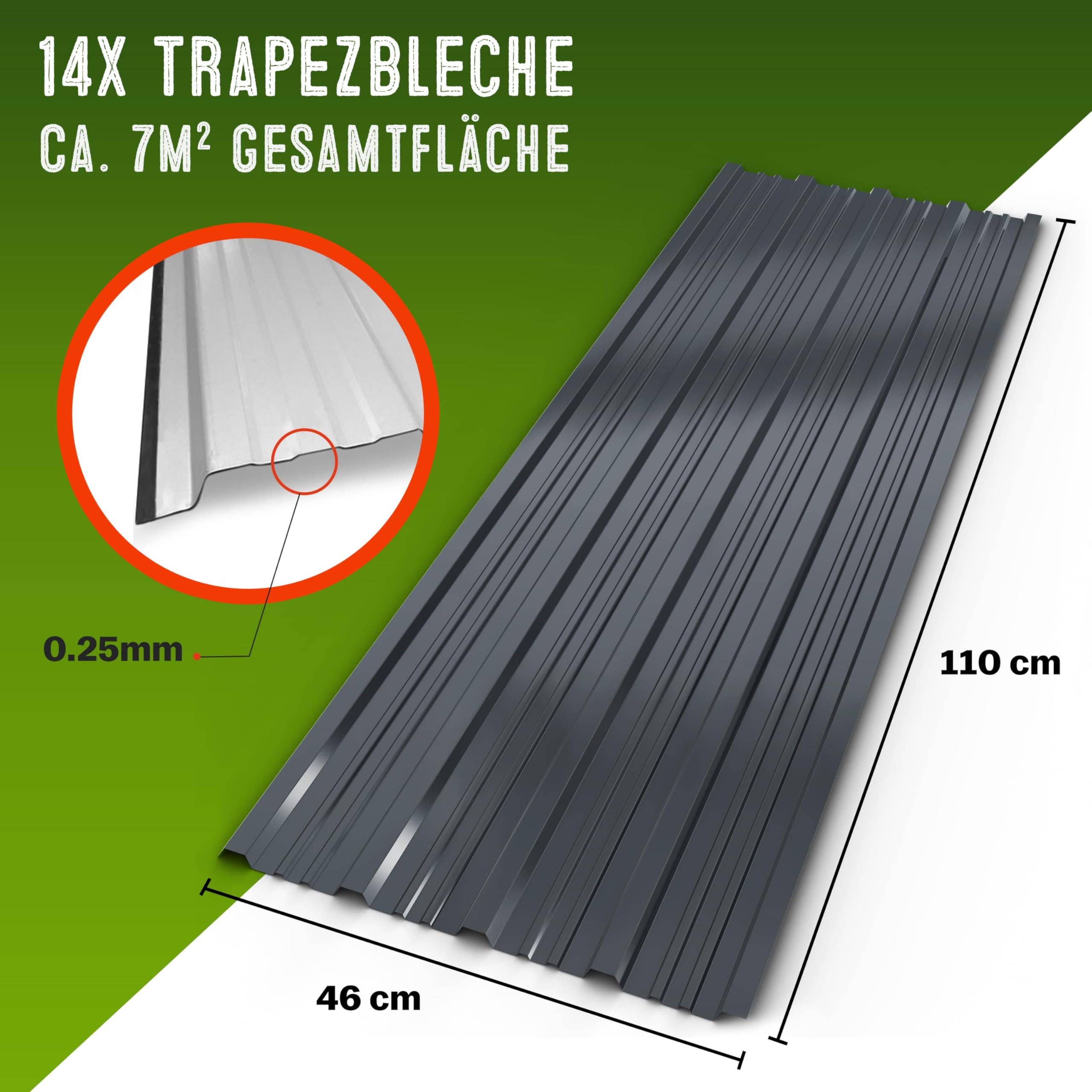 GARDEBRUK® 14x Trapezblech 110x46cm = 7m² Verzinkt Rostresistent Wetterfest Profilblech Dachblech Wellblech Dachplatten Gerätehaus Carport Anthrazit