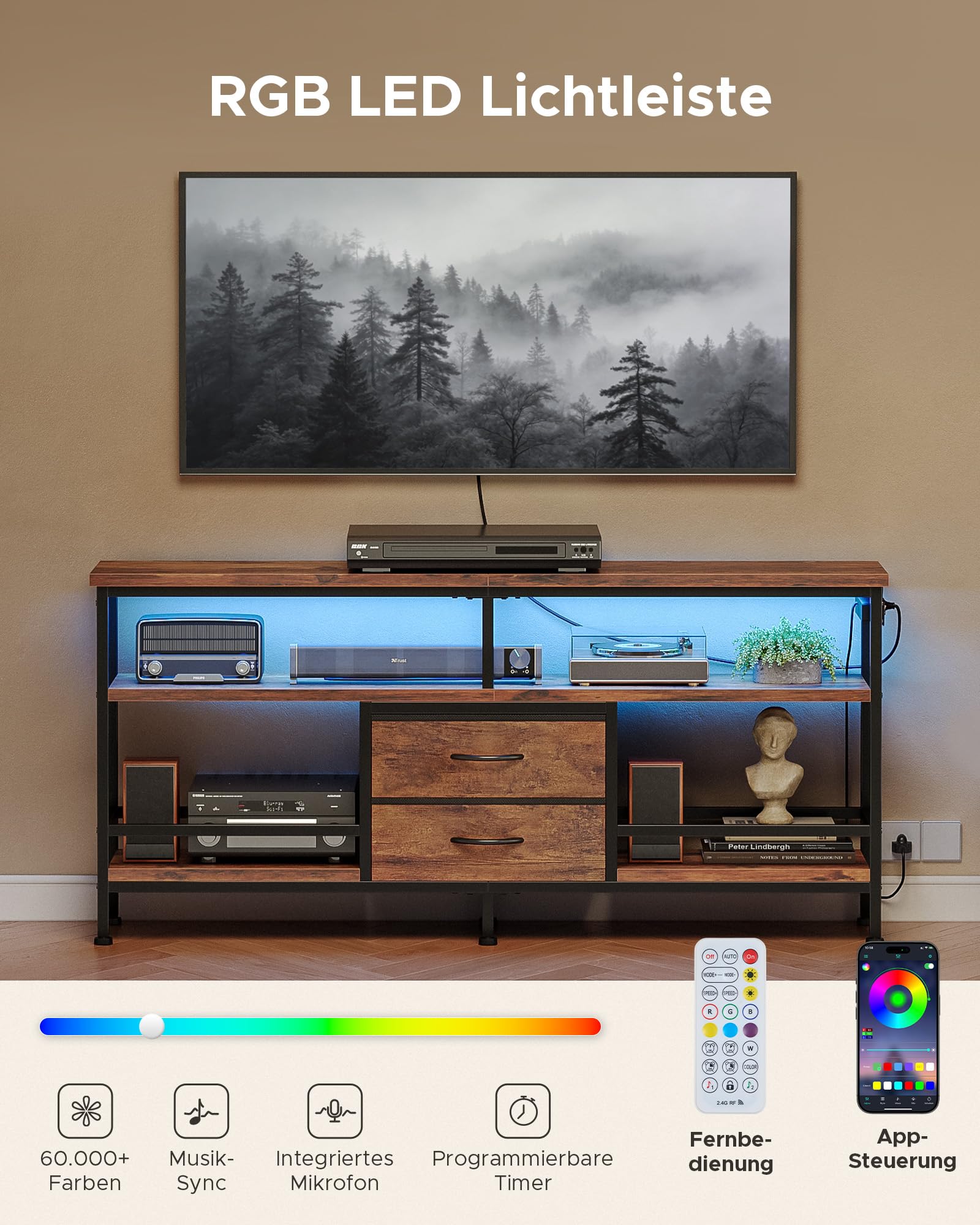 CO-Z TV-Schrank, Lowboard für Fernseher 109–165 cm, 140×40×60 cm mit LED-Beleuchtung, Abnehmbarer Ladestation, offenen Regalen & Stoffschubladen