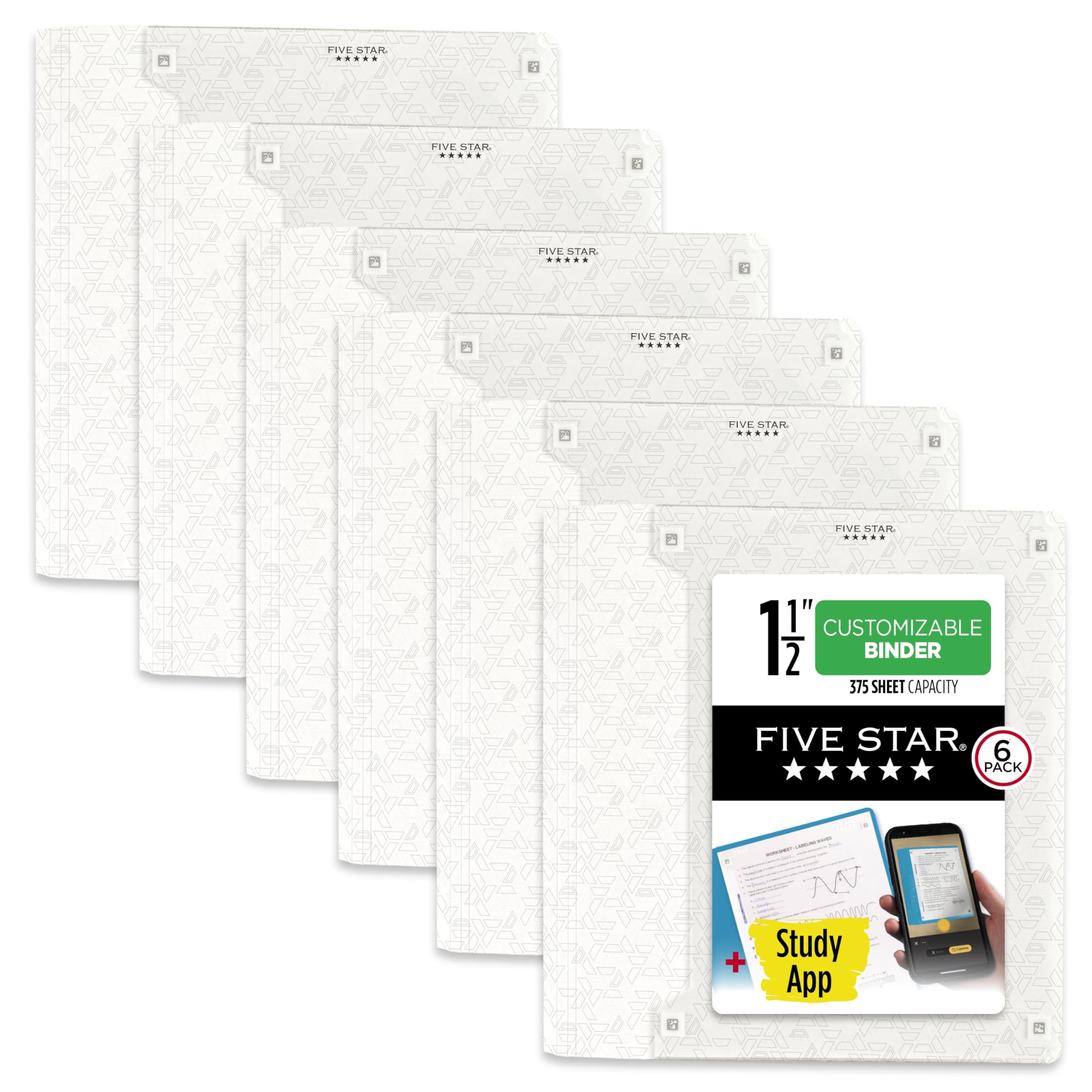 Five Star Raccoglitori a 3 anelli, confezione da 6 raccoglitori da 3,8 cm con anelli a D, copertina trasparente personalizzabile + app per studio, in poliestere, bianco (261460B-ECM)