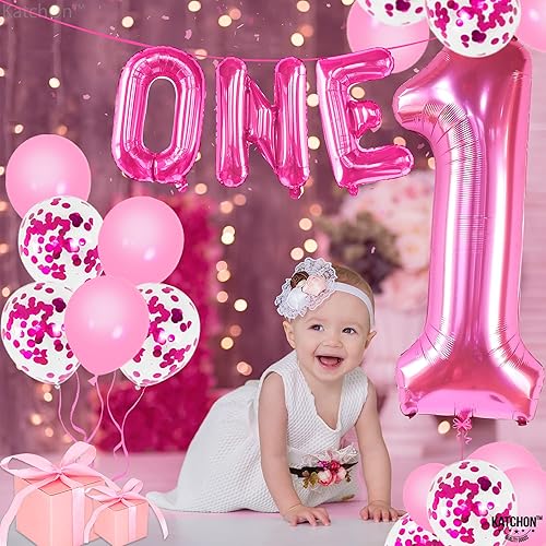 Miniatura 4 de KatchOn, Globos rosa intenso con el número 1 para el primer cumpleaños, 40 pulgadas, paquete de 12, globos rosa con el número 1, decoraciones de