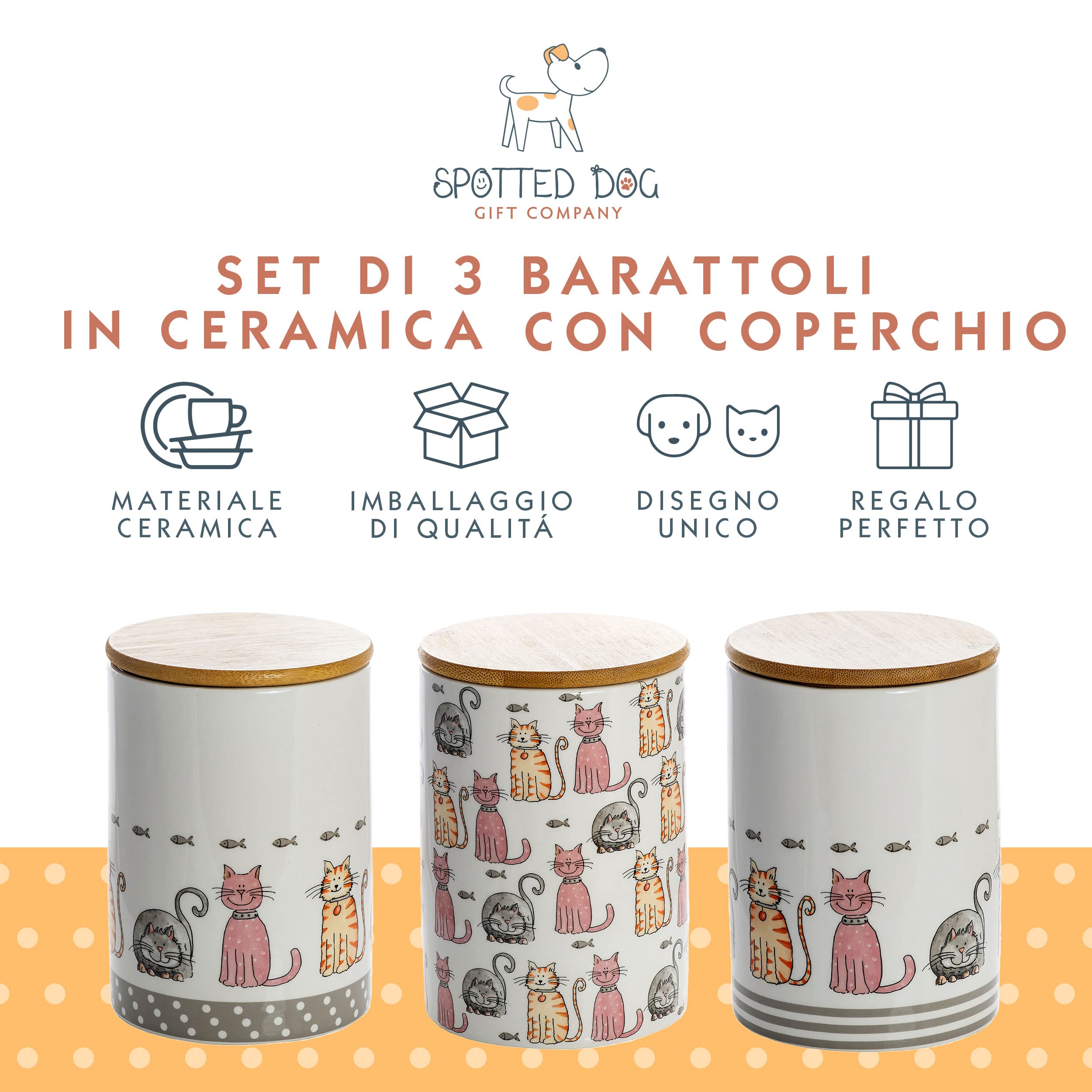 SPOTTED DOG GIFT COMPANY - set di 3 barattoli da cucina a tema gatti - per sale, zucchero, caffè - idee regalo - in ceramica con coperchio in legno - bianco - 1,2 L