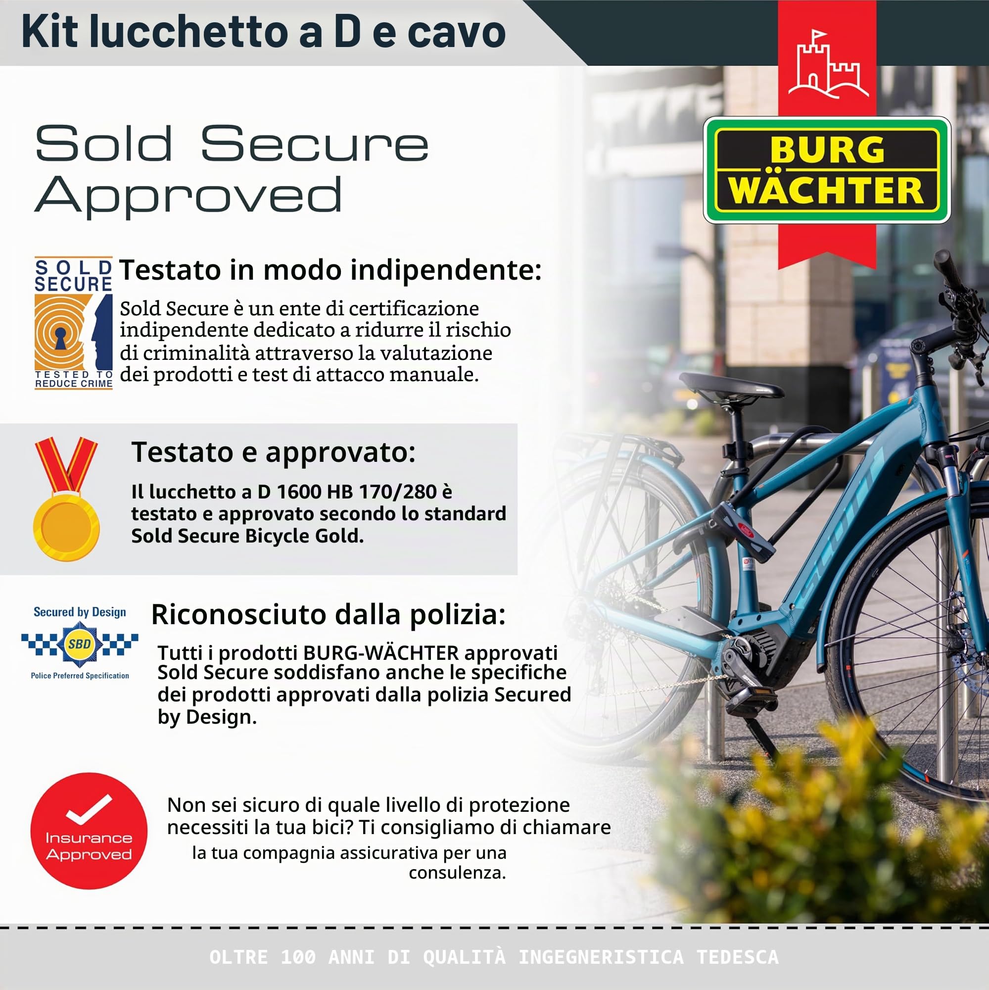 Burg Wächter 1600HB 1600 HB KIT Gold Sold Secure, lucchetto a D per bicicletta, nero, cavo largo 2,1 m