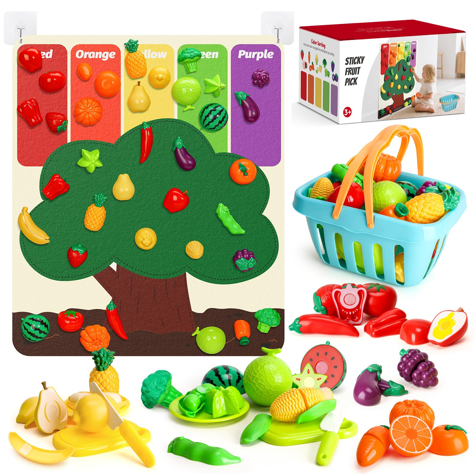 Conjunto Wdebay: fruta para cortar + alfombra de árbol de fieltro. Accesorios para comedores, Juego de comida para cocina infantil. Juguete educativo a partir de 3 años – Regalo para niñas/niños