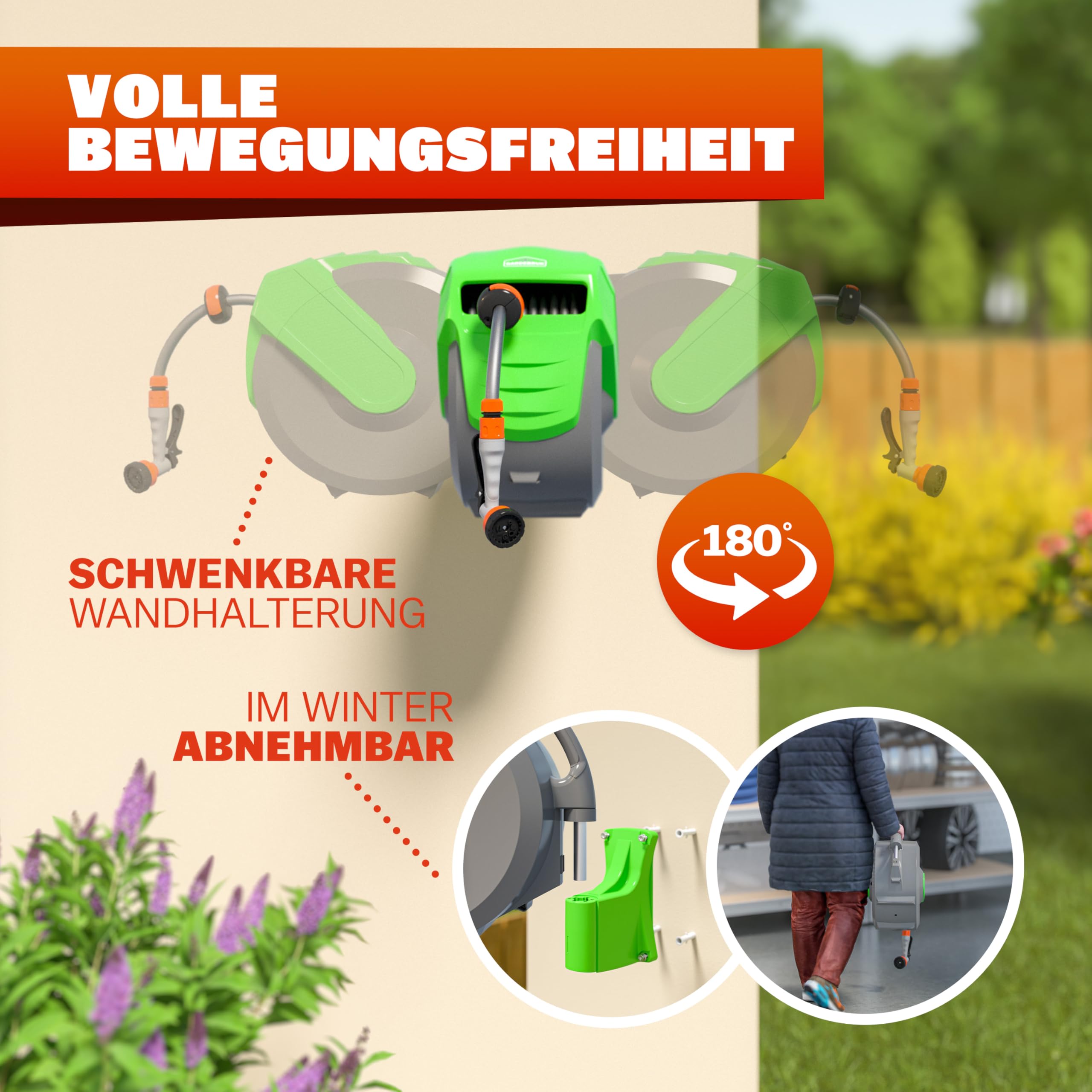 GARDEBRUK® Schlauchtrommel 20m + 2m mit Wandhalterung Garten 1/2' Multifunktions-Handbrause Schlauchführung Schlauchaufroller Wandschlauchbox