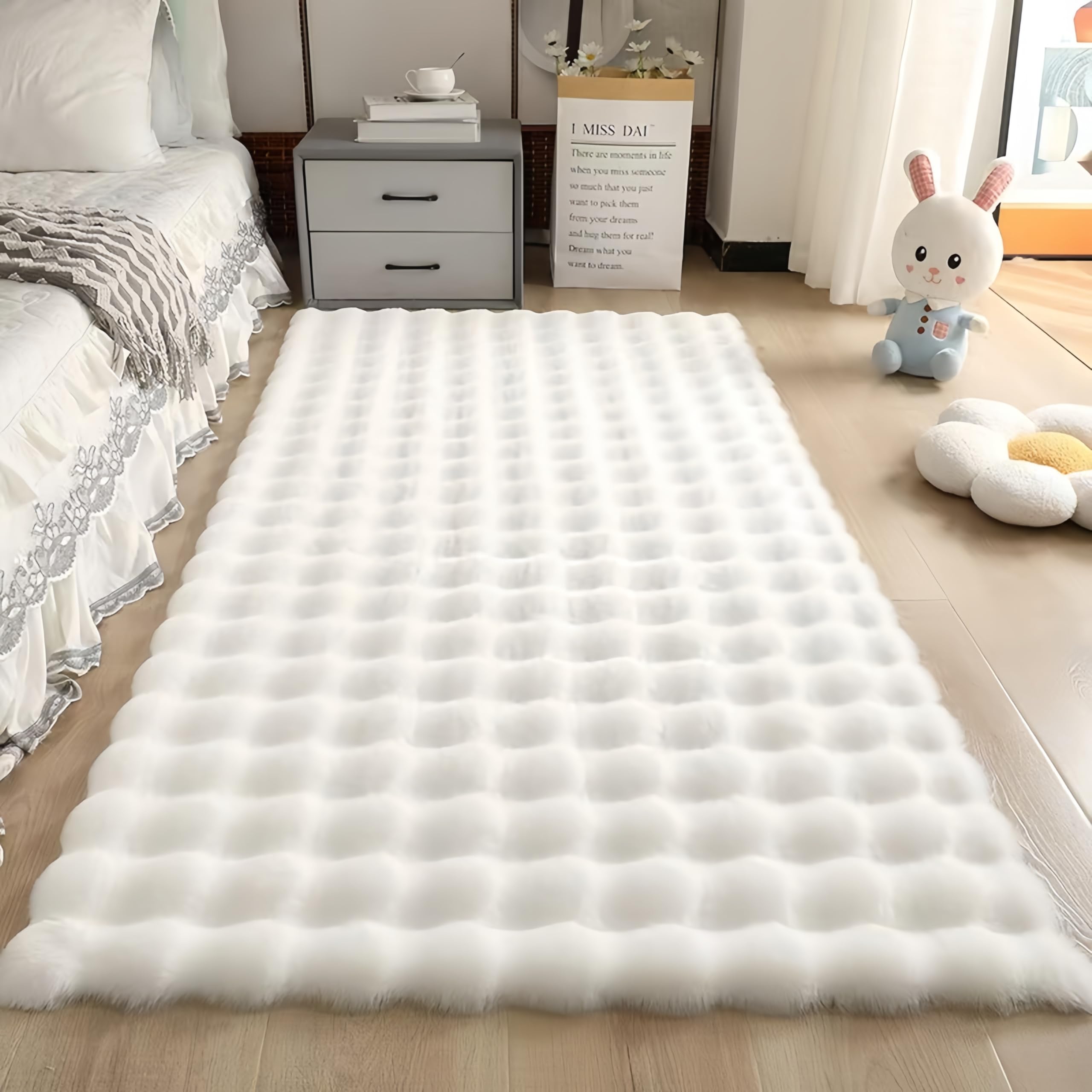 Coussin de tapis en peluche lapin, avec un style doux velours bulle, adapté pour les salons, les chambres, les lits, les baies vitrées et les canapés. (Blanc ivoire, 60/120)