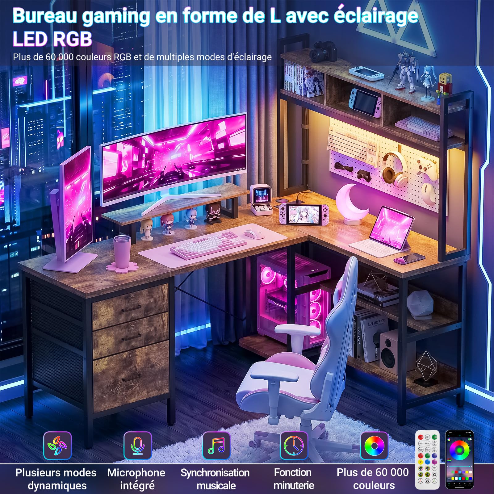 Homieasy Bureau d'angle Gaming 150cm LED, Prises, Tiroirs, Brun Rustique