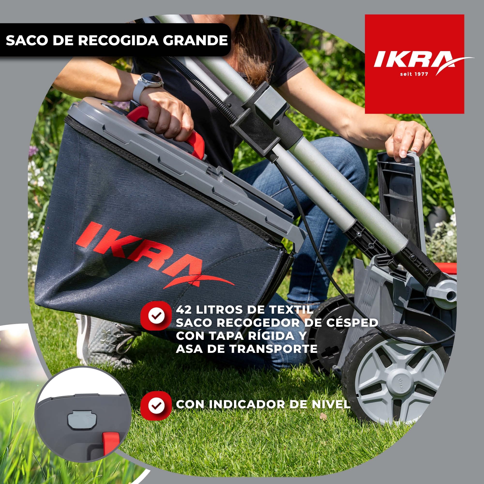 IKRA cortacésped IB-LM 38, 3 en 1, 38 cm, sin batería de 36 V ni Cargador | Compatible con Bosch, recomendado para 400 m², altura de corte de 30-75 mm, cesto recogedor de 42 l, kit de mulching incluido