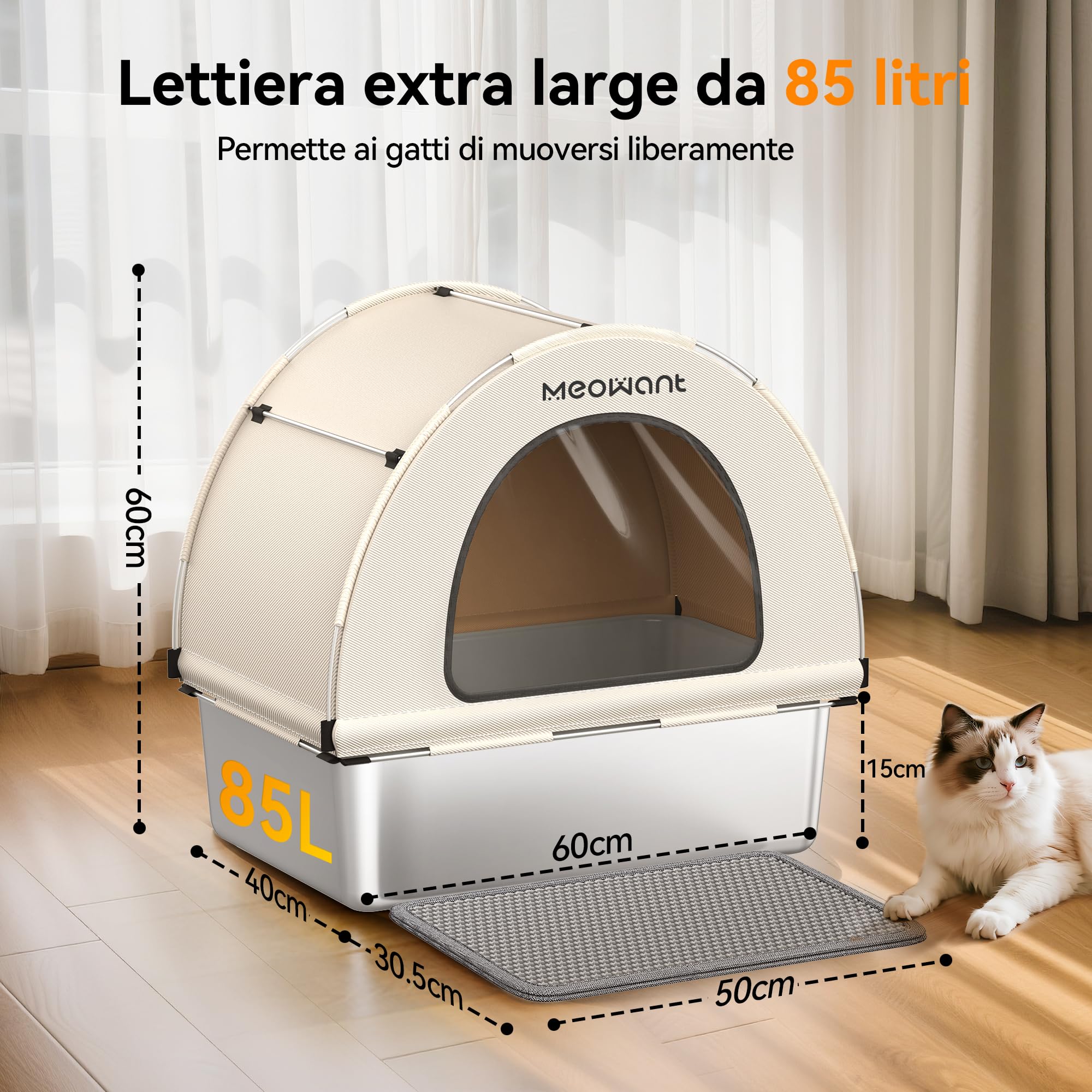 Meowant Lettiera per Gatti in Acciaio Inox, 85L Lettiera Gatto Chiusa XXL con Paletta e Tappetino, Deodorante, Rimovibile 60 x 40 x 60 cm Toilette per Più Gatti