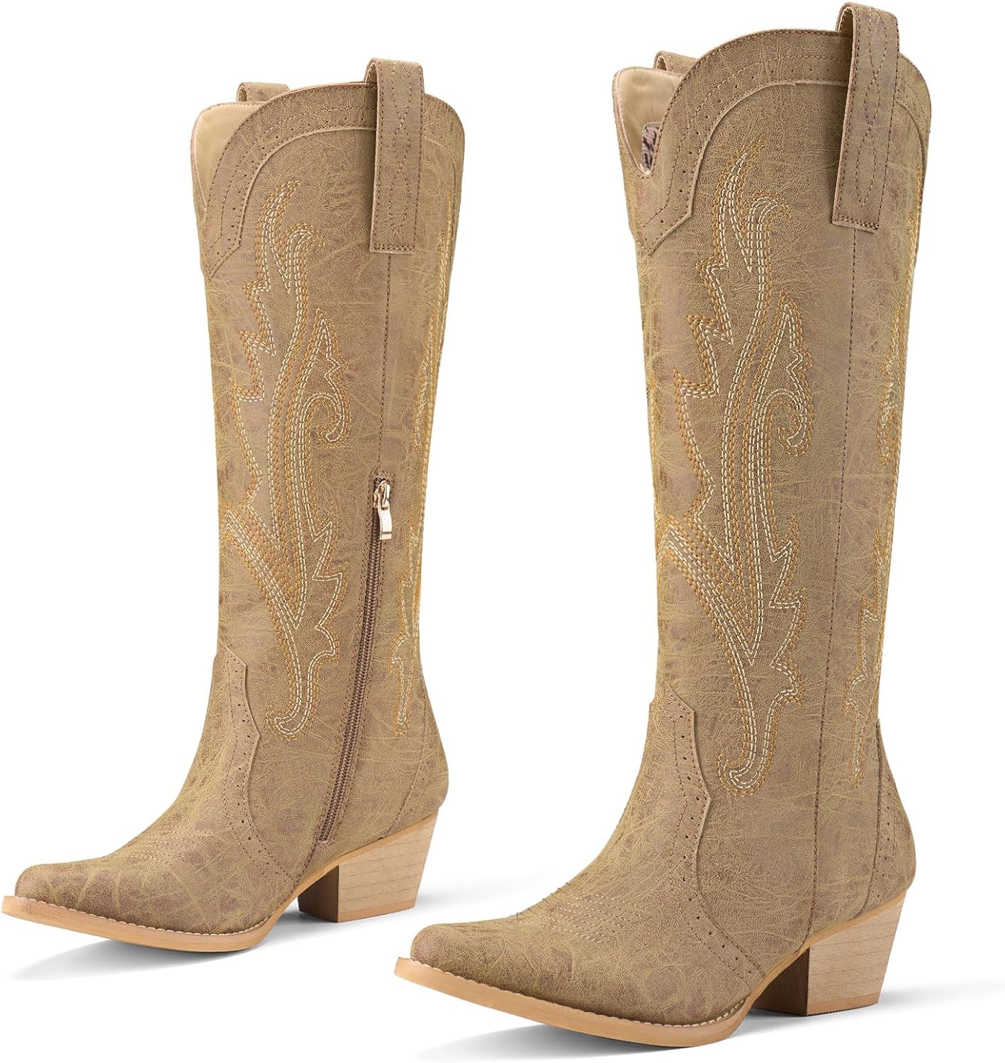 Rollda Cowboy Boots for Women Cowgirl Boots Embroidered Knee-High Western Boots Pointy Toe with Chunky Heel