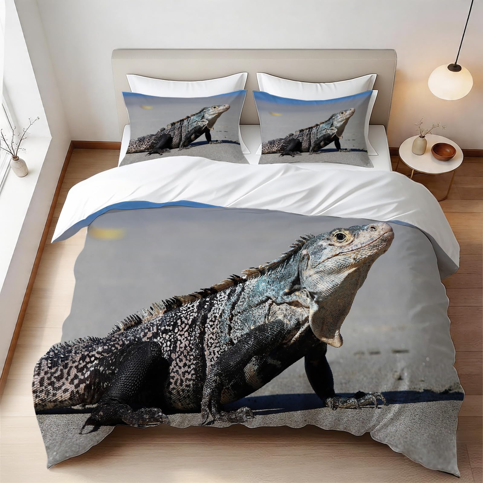Housse de couette 200x200 iguane des rochers parure de lit 2 personnes microfibre avec zip