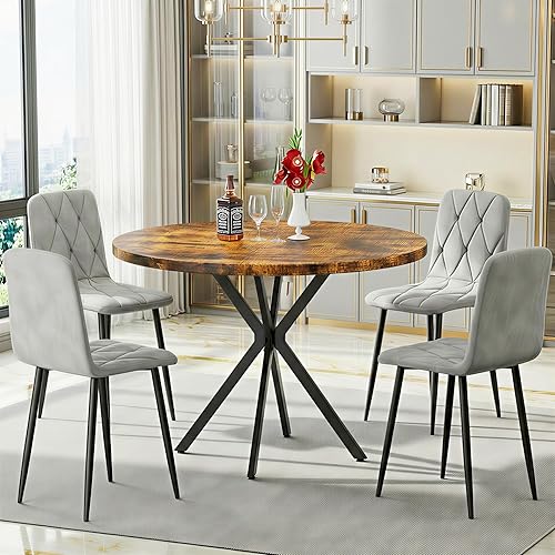 DKLGG Juego de mesa redonda de comedor para 4, mesa de comedor de mármol sintético de 39 pulgadas con sillas tapizadas de terciopelo, juego de mesa