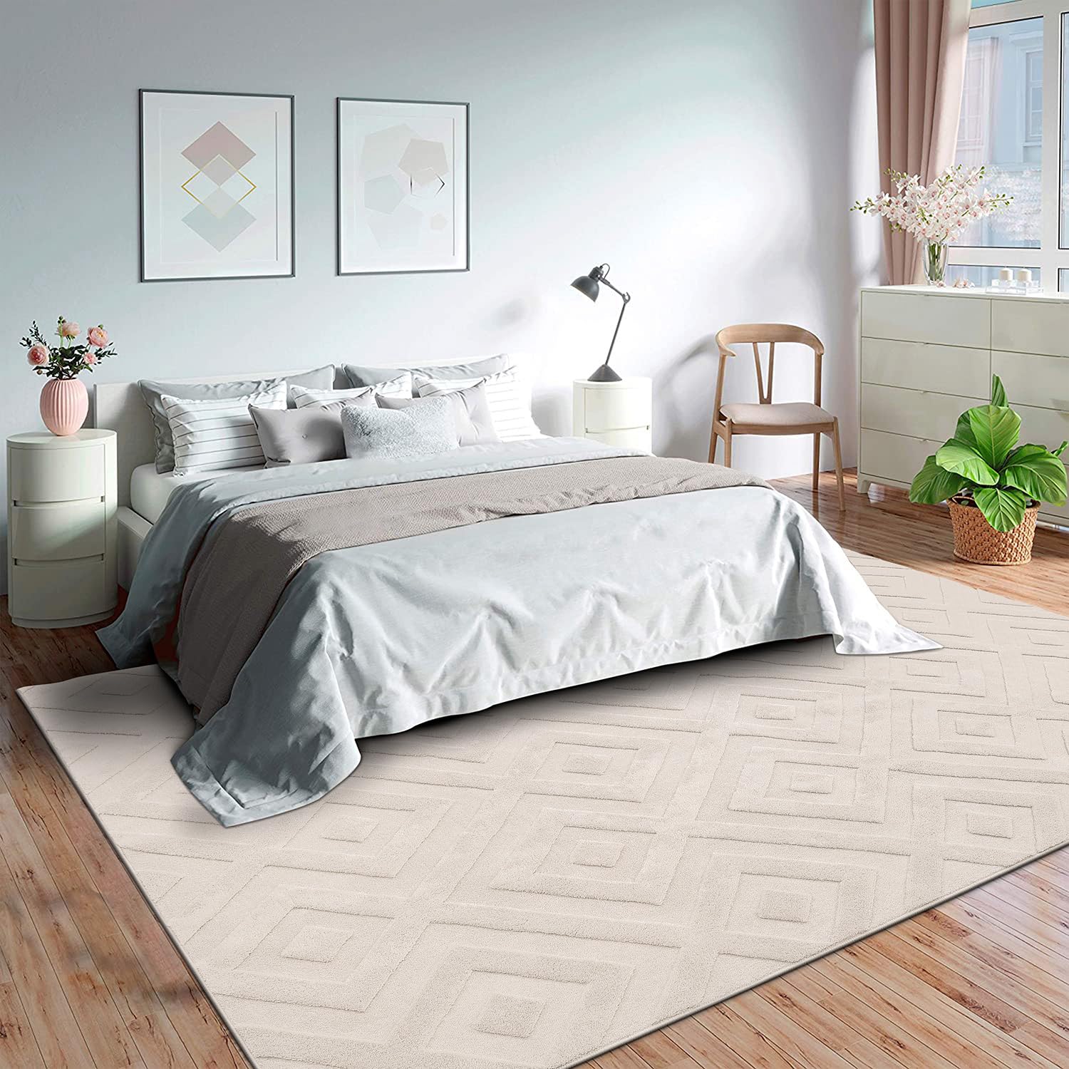 SHACOS Zmywalny dywan do salonu, 160 x 230 cm, duży, miękki dywan z krótkim włosiem, nowoczesny, antypoślizgowy, geometryczny dywan do sypialni, jadalni, domowego biura, beżowy