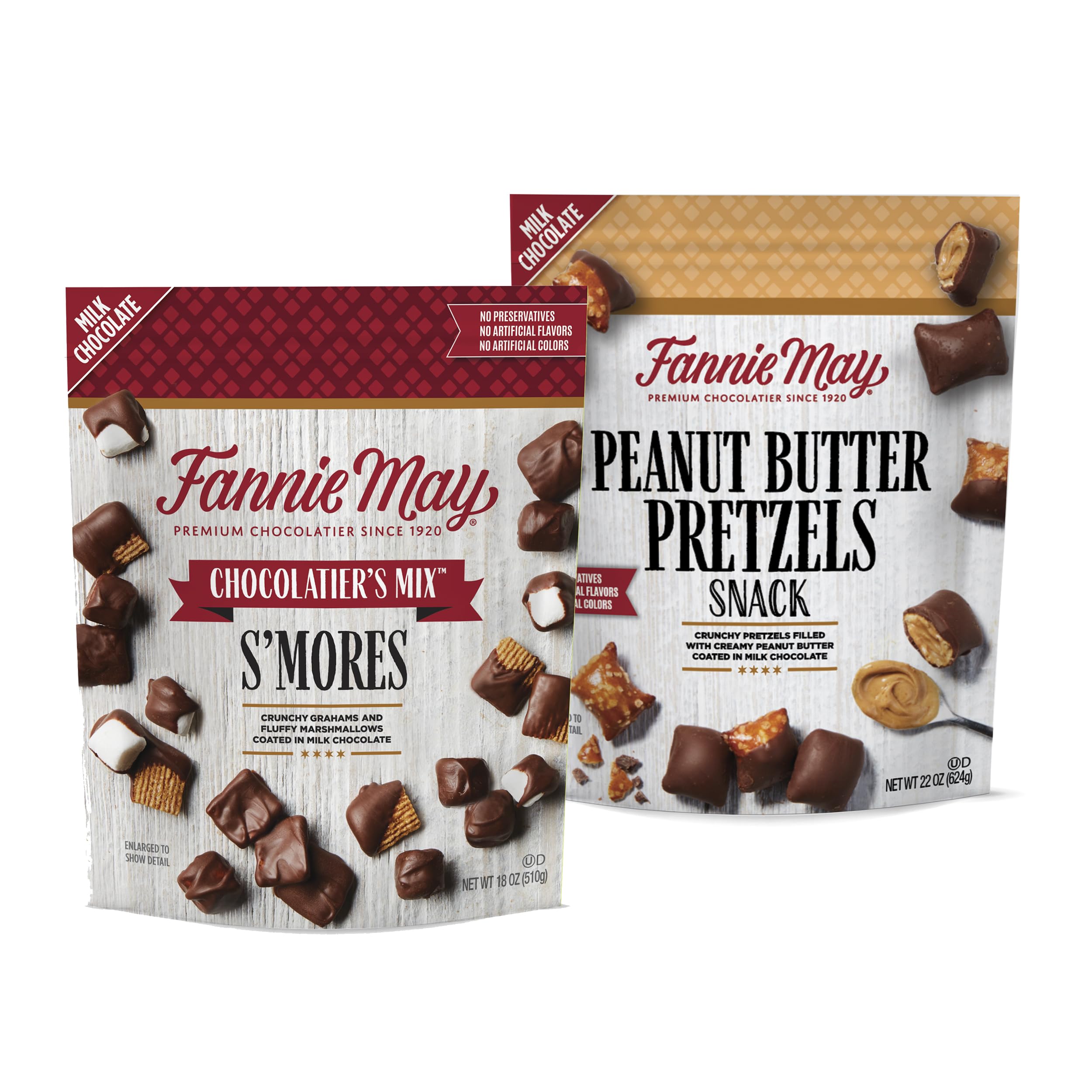 Fannie May, Milk Chocolate Candy, S'mores Snack Mix and Peanut Butter Pretzel Snack, 2 Pack, 18 oz and 22 oz Bags