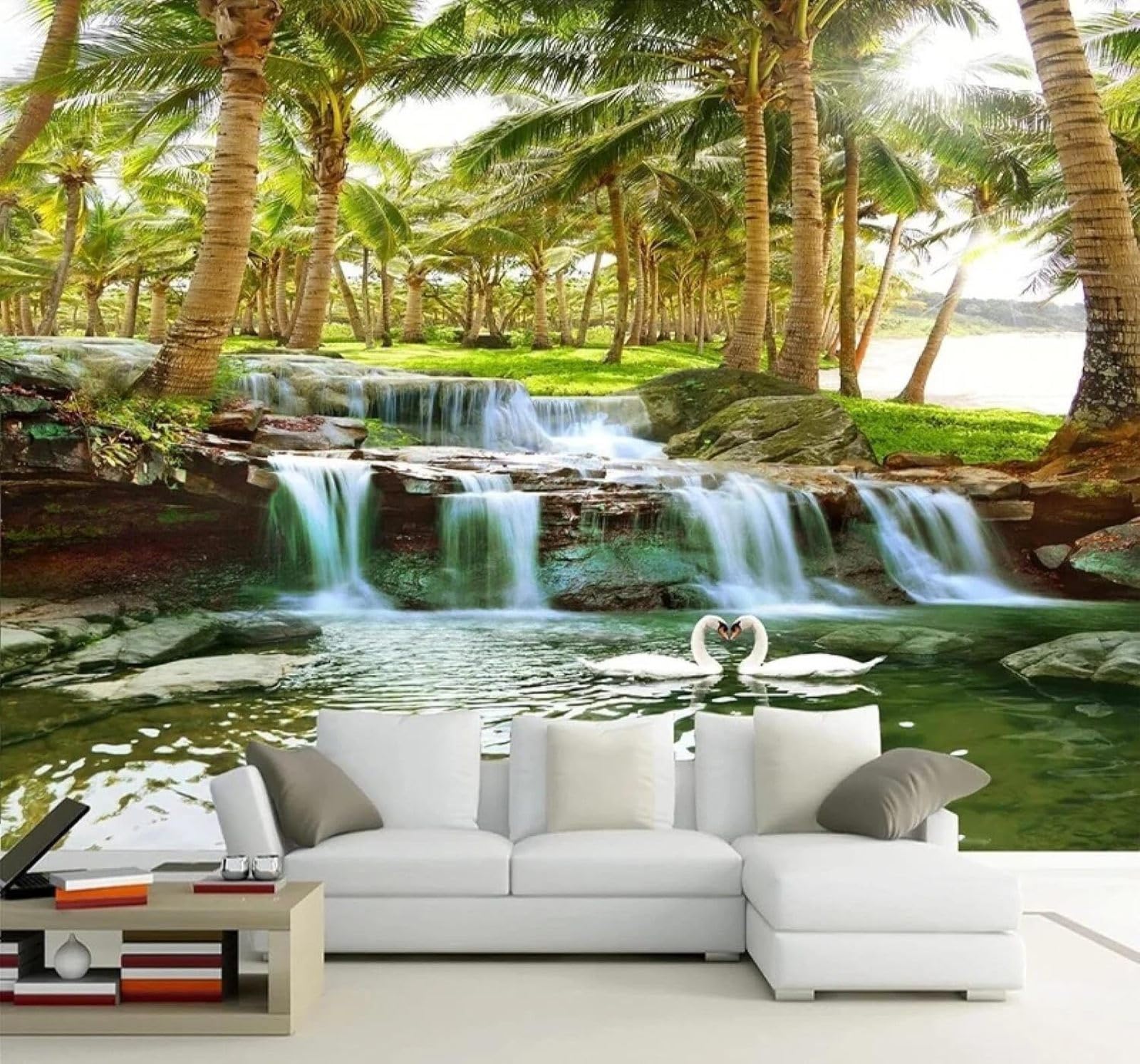 Xlming 200Cm×140Cm(B×H) Fresh Three Dimensional Coconut Grove Waterfall Swans 3D Wallpaper Luxury Silk Study Dining Feature Sofa Grey Bedroom Living Room Tv Decorative Wall-200Cm×140Cm
