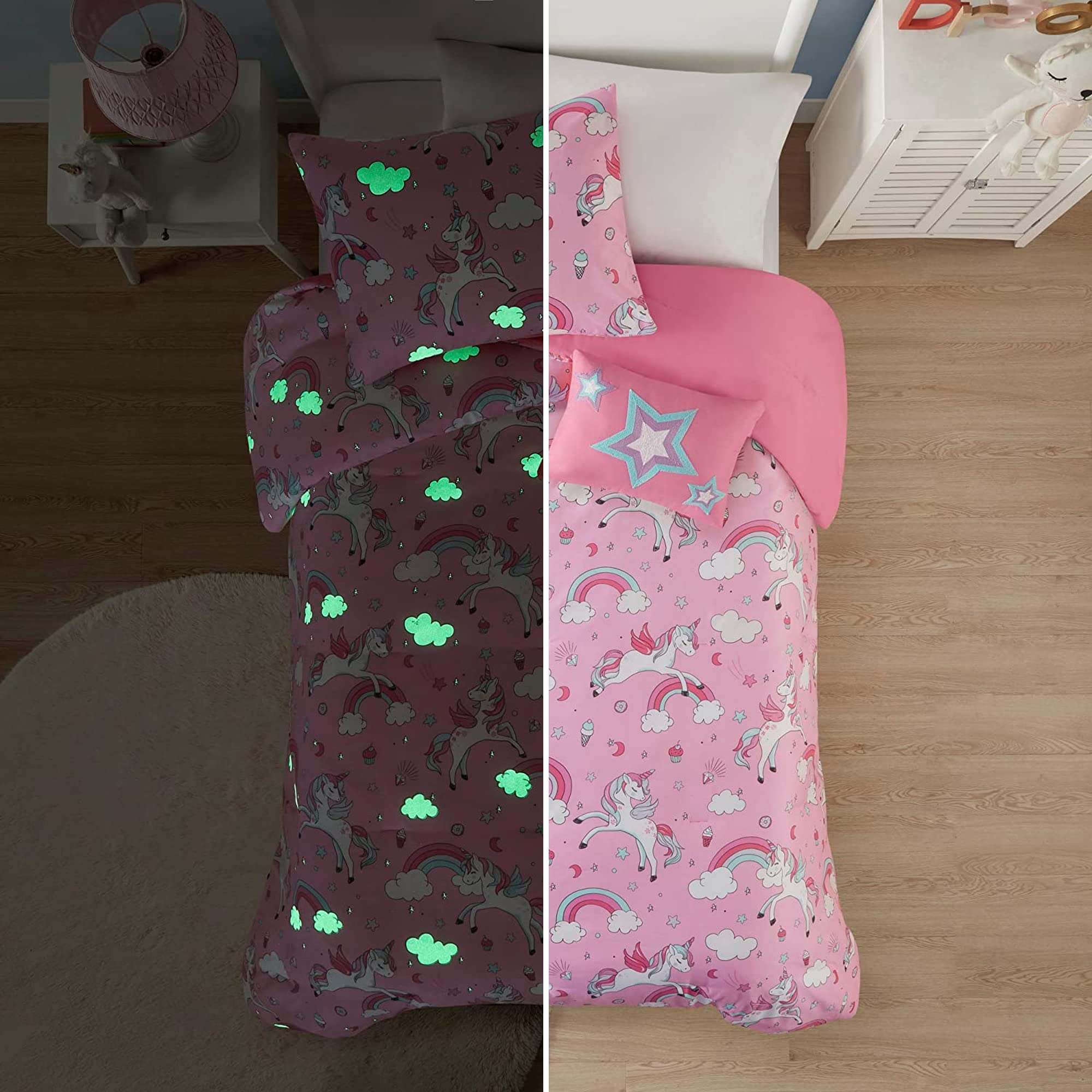MI ZONE KIDSKristie Glow in The Dark Comforter Set, Star, Rainbow and Unicorn Print, Fun Bedroom Décor, All Season Cozy Kids Bedding, Matching Sham, Decorative Pillow, Full/Queen Pink 4 Piece