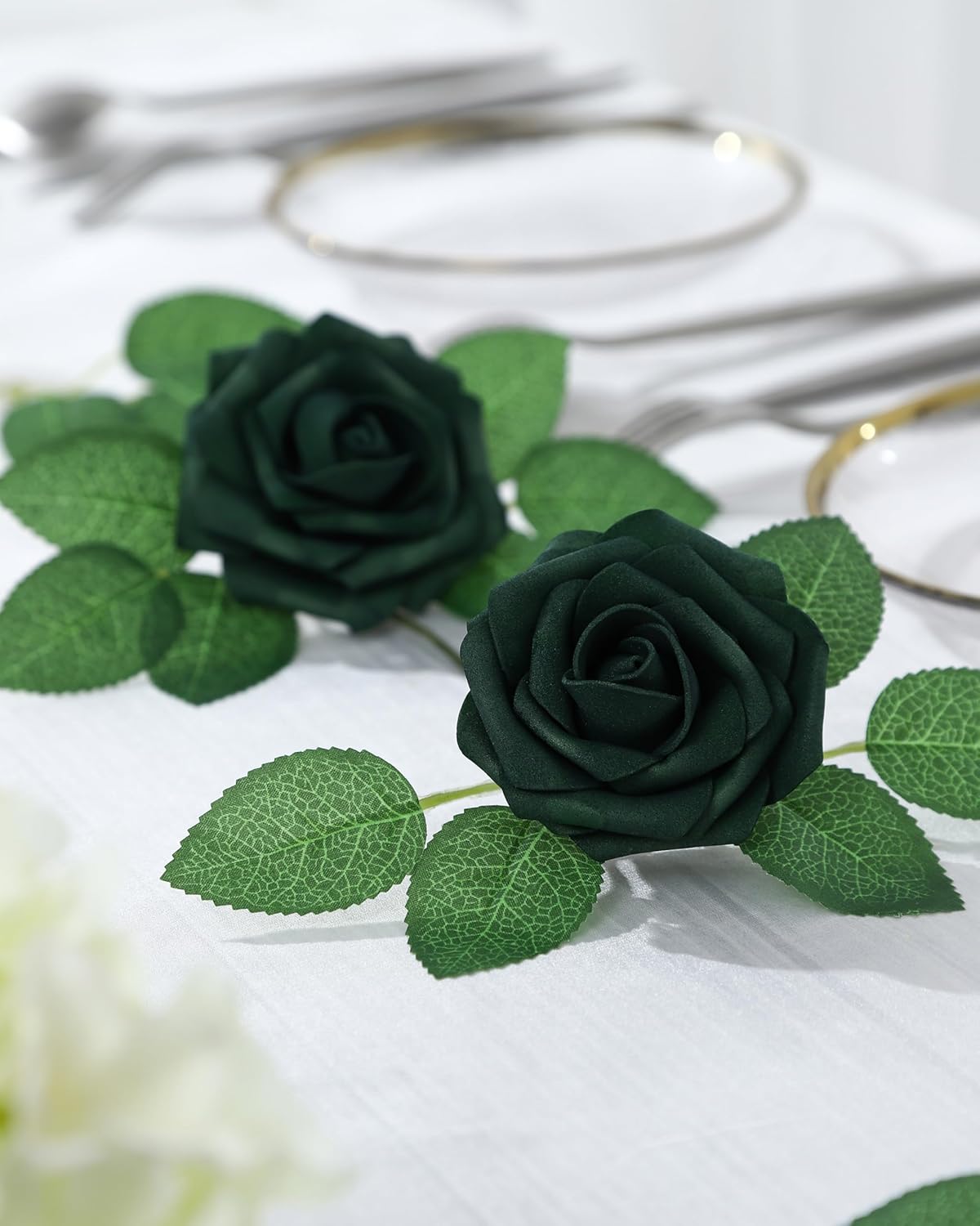 DuHouse 50Pcs Artificial Roses Flowers Fake Roses with Stems Real Touch Foam Flowers for DIY Wedding Bouquet Party Centerpiece Floral Arrangement Party Home Decor(Hunt Green)