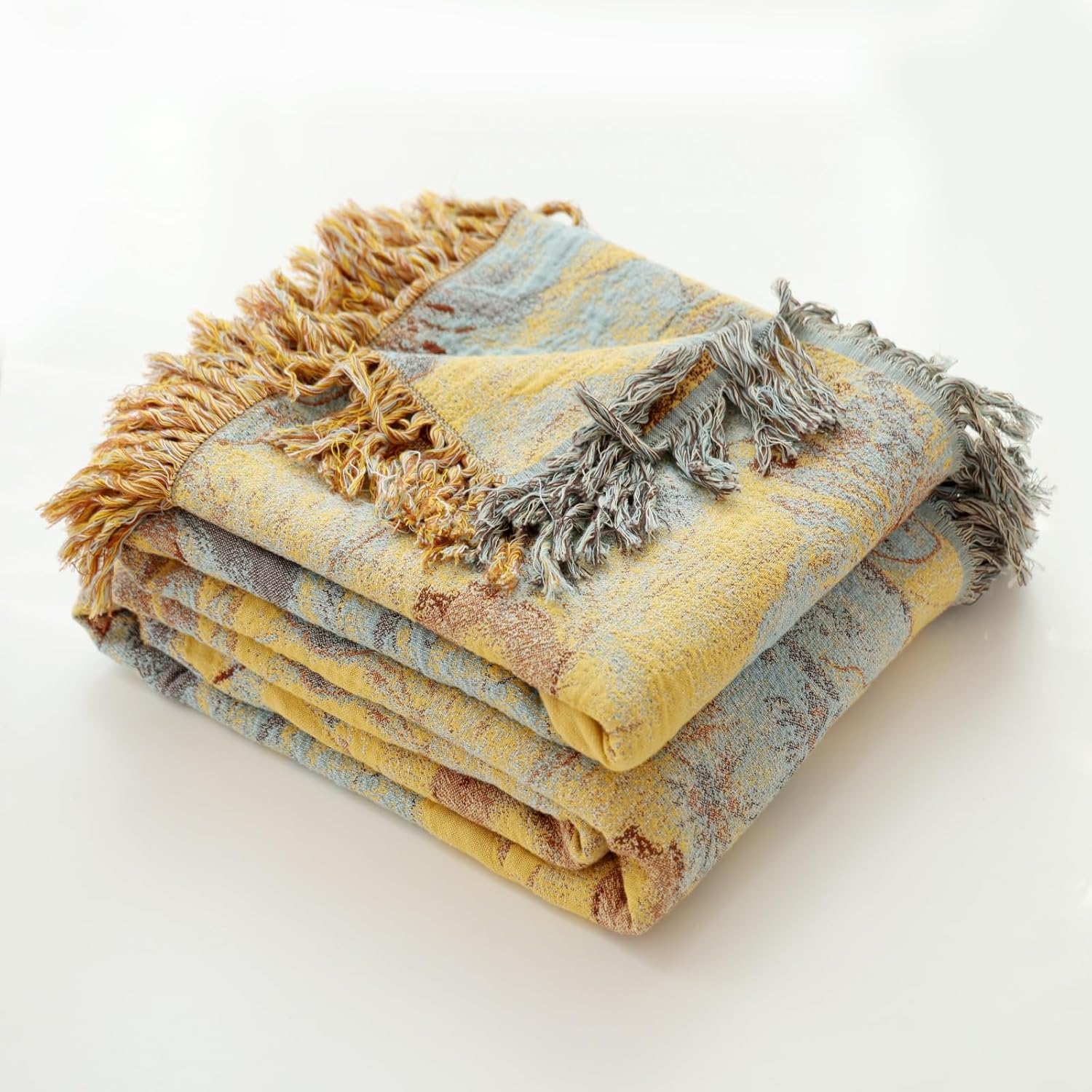 Boho Throw Blanket, 100% Cotton Ultra Soft Luxury Throw Rustic Quilt, Muslin Breathable Soft Bed Throw ，All Throw for Sofa Couch Chair 60×80 Inch (A-Yellow Flowers, 80x90 Inch)