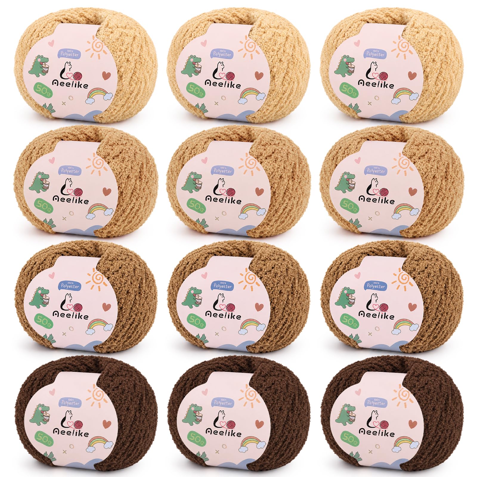 Aeelike Fluffy Yarn 12x50g, Brown Fluffy Wool for Knitting and Crocheting