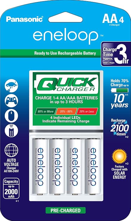 Eneloop QS-RXXW-NU9Y Newest Version 4th Generation AA NiMH Pre-Charged 2100 Times Rechargeable Battery & Panasonic K-KJ55MCA4BA Advanced Individual Battery 3 Hour Quick Charger