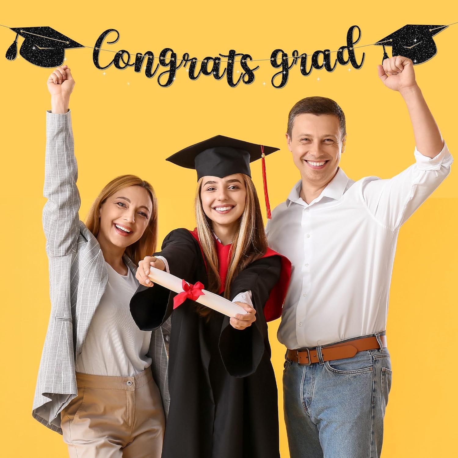 Congrats Grad Banner - 9 ft Black Pre-Strung Congrats Grad Banner, Graduation Party Decorations & Decor for Elementary, 5th Grade, 8th Grade, High School, College, Congrats Grad Sign - Image 4