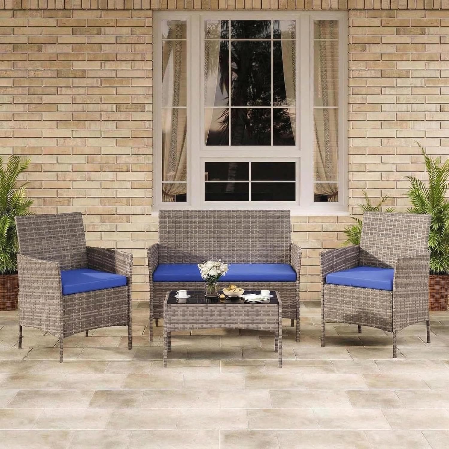 GarveeLife 4-Piece Patio Furniture Set, Rattan Outdoor Furniture with Upholstered Sofa, 2 Chairs & Coffee Table, Modern Conversation Bistro Set for Garden Backyard Porch (Grey and Blue)