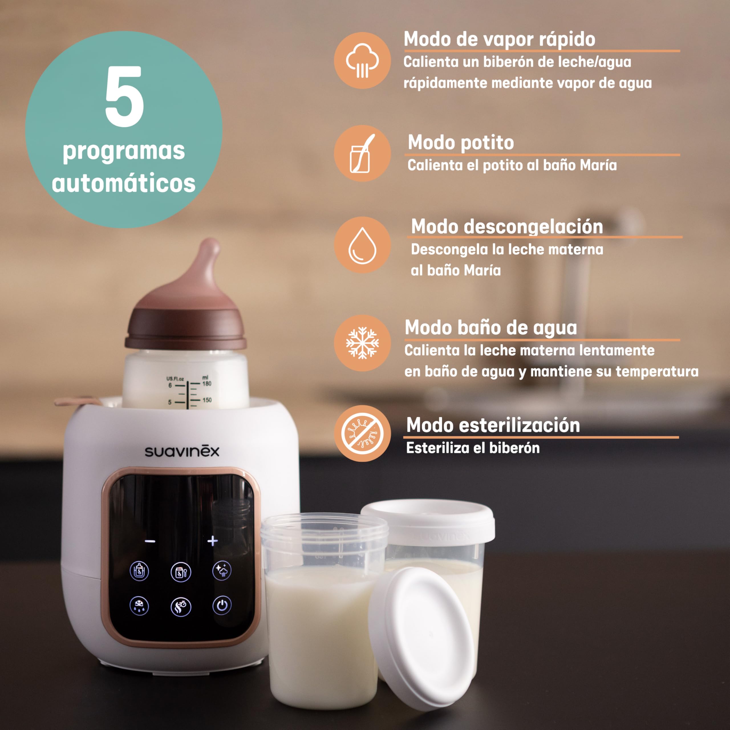 Suavinex, Calientabiberones y Esterilizador 2 en 1, Esteriliza Biberones y Chupetes, Calienta y Descongela Biberones, Leche Materna y Potitos, con Modo Rápido y Apagado Automático, Fácil de Usar