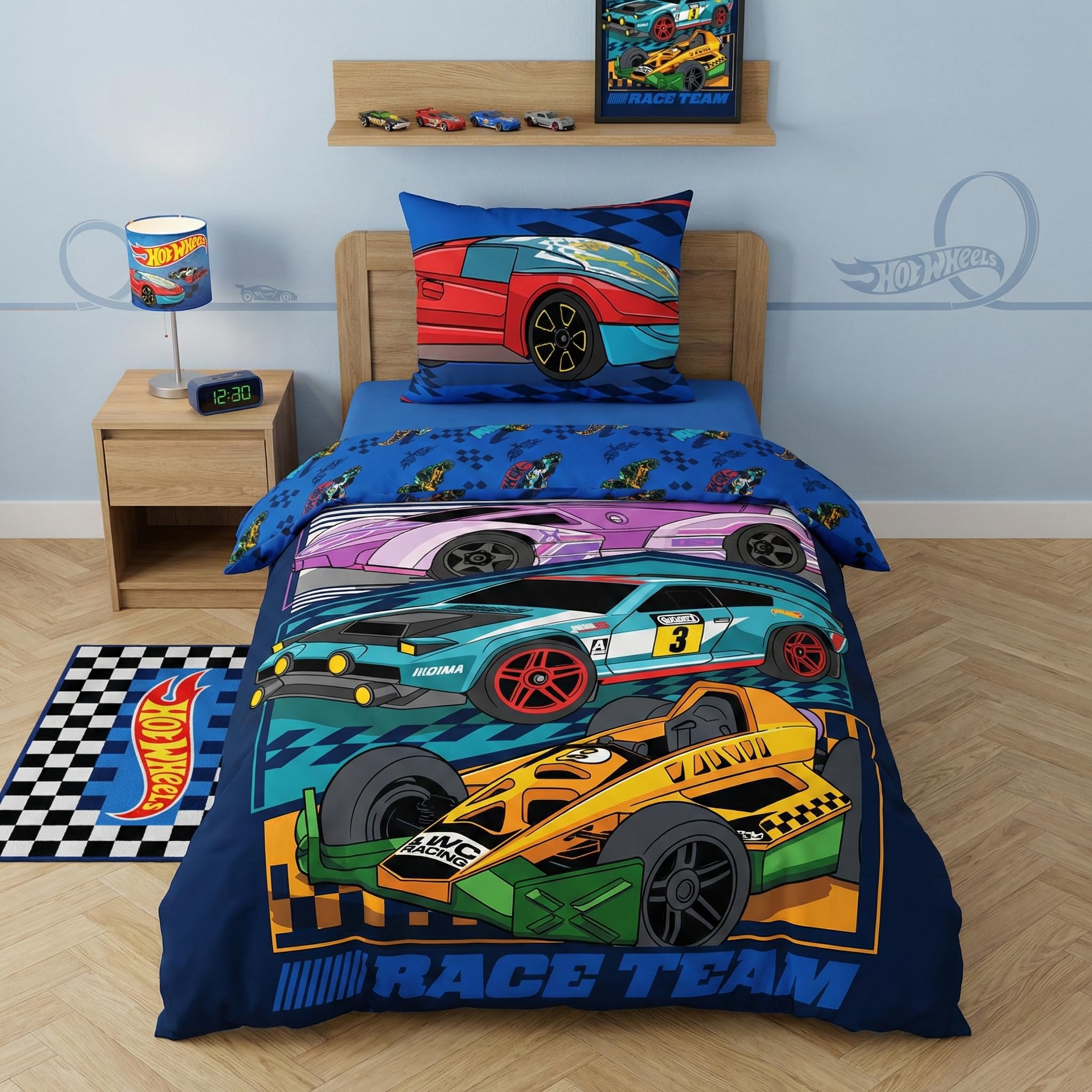 Hot Wheels Race Team Copripiumino Singolo 140x200 + Federa Macchine Corsa | Set lenzuola reversibile | Microfibra asciugatura rapida Oeko-Tex | Licenza Hot Wheels ufficiale | Bambini | Regalo
