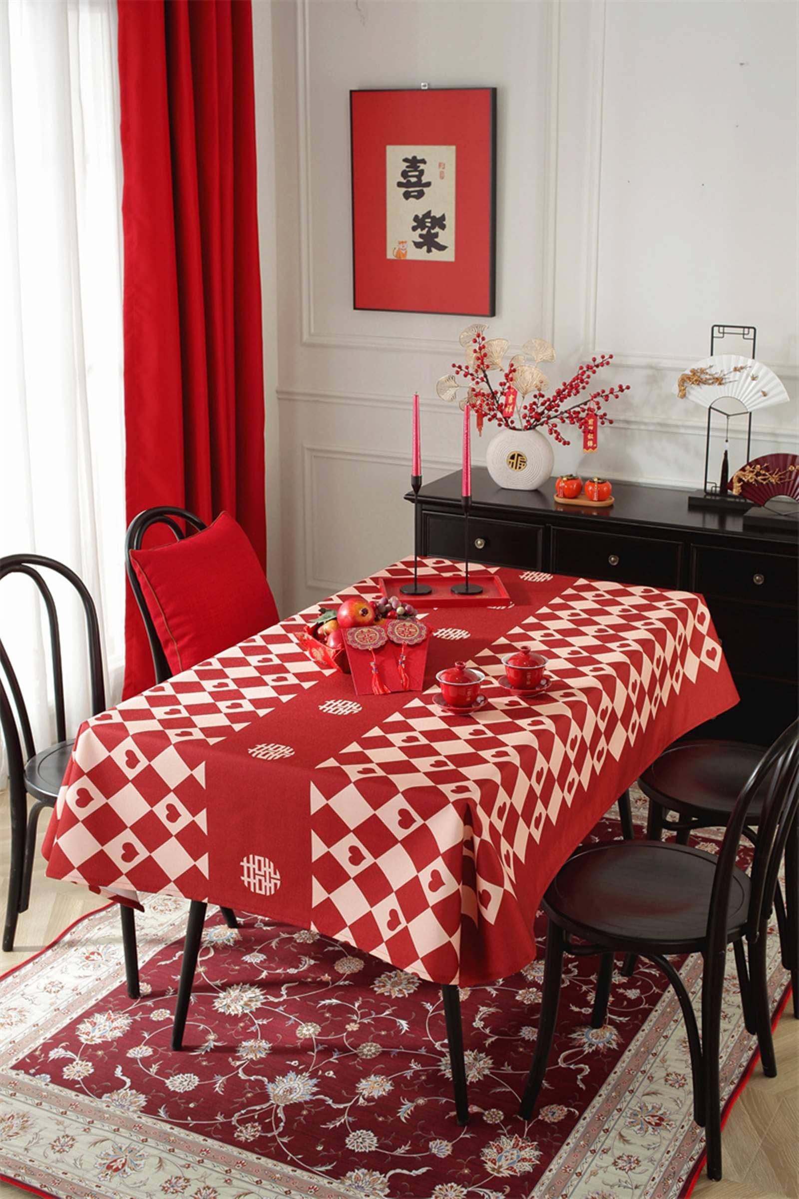 Tovaglia Da Tavolo Moderne, Poliestere Reticolo di rombo con motivo a cuore Tovaglia per Casa e Cucina, Tovaglia Elegante per Picnic, Rosso, Stile 1, 135 x 200 cm