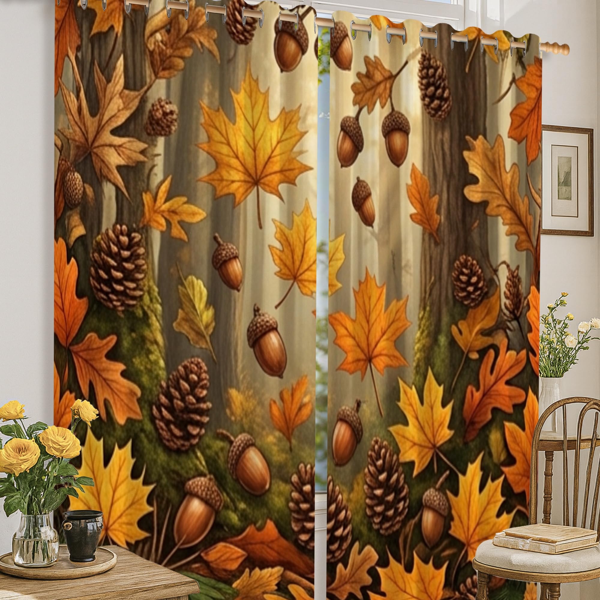 Rideaux occultants orange automne 132x183 cm avec motif feuille d'érable