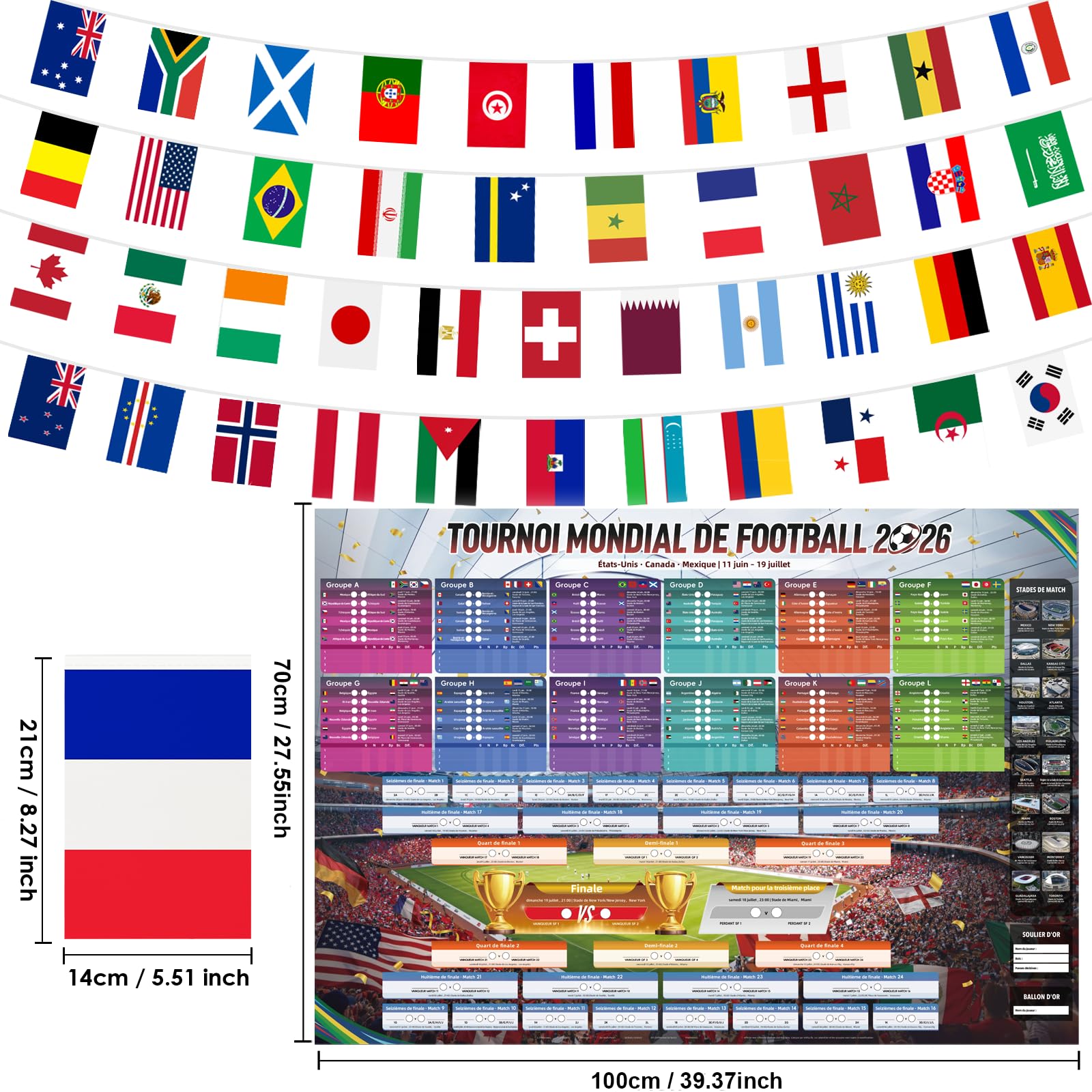 AhfuLife Guirlande de Fanions et Poster Calendrier Coupe du Monde de Football 2026 – 48 Drapeaux du Monde Bannière 14x21cm + Affiche Géant 100x70cm, Décoration pour Mondial 2026 (Français, HNEC) - 2