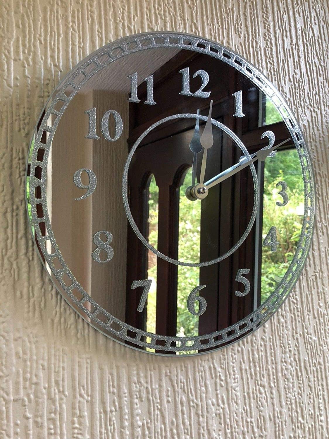 Biznest Round Silver Sparkle Glitter Mirrored Wall Clock Kitchen Bedroom Glass Wall Clock New 35Cm