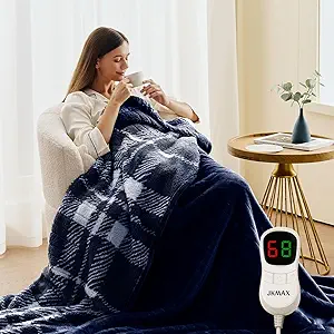 JKMAX Heated Electric Blanket Throw Size - 50"x60" Flannel Heating Blanket with 10 Heating Levels & 5 Time Settings Over-Heat Protection, Winter Warmer for Adults with ETL Certification(Navy Blue)