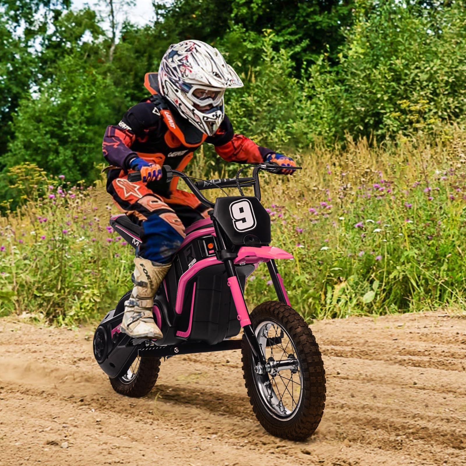 Garvee Elektro Motorrad Kinder 12V 250W Dual-Battery, Elektro Motocross | Elektro Crossbike mit Stoßdämpfer, Robuste Reifen, Geschwindigkeit 10–23 km/h, Belastung 65 kg, für Kinder ab 13 Jahren, Rosa