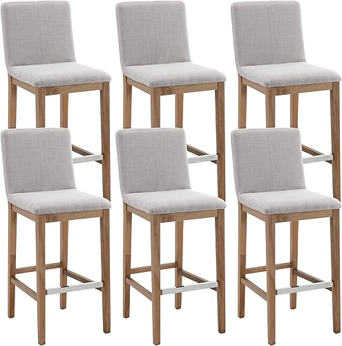 chairus Juego de 2 taburetes de bar altos de tela, taburetes de bar tapizados de lino con patas y respaldo de madera maciza para cocina, isla de