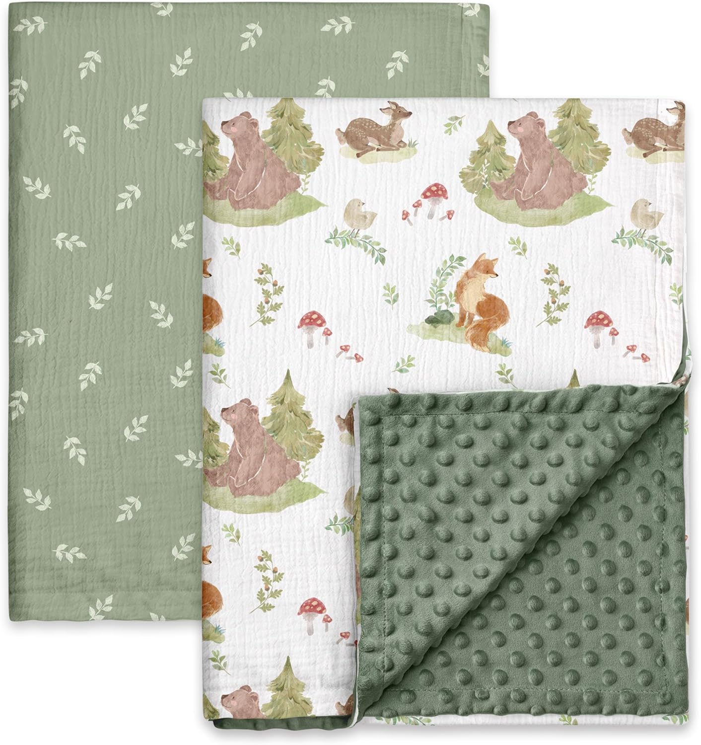 GLLQUEN BABY Blankets for Boys Girls, Soft Muslin Cotton Front Dotted Fleece Backing, Nursery Minky Crib Blanket for Infant Toddler, 30 x 40 inches Throw Blanket, Woodland Animals
