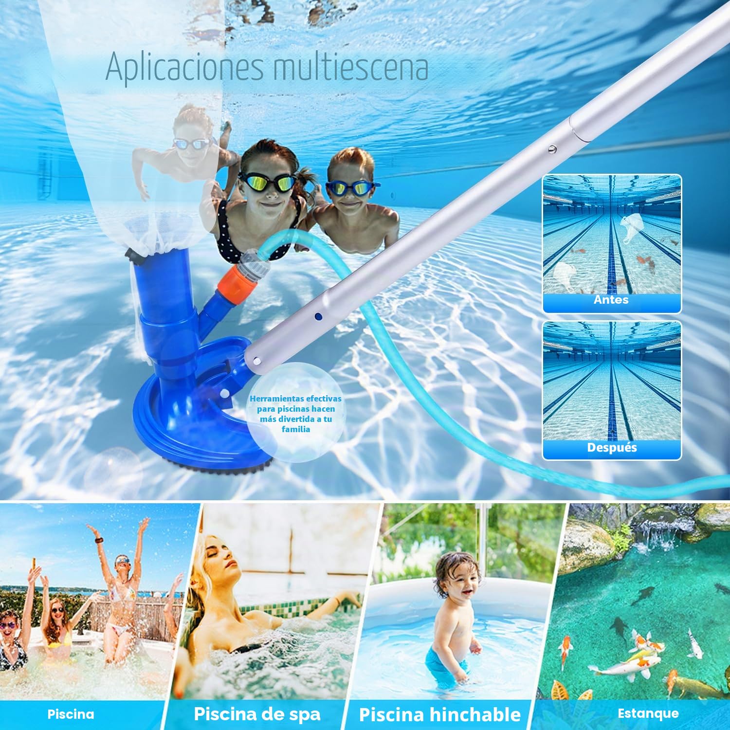 Aspirador para Piscinas Herramientas de Limpieza, Cabezales de Aspiración con 1.5M Mástil Telescópico Desmontable Kit de Aluminio para Bañera de Hidromasaje, Fuente, Cuario, SPA, Estanque